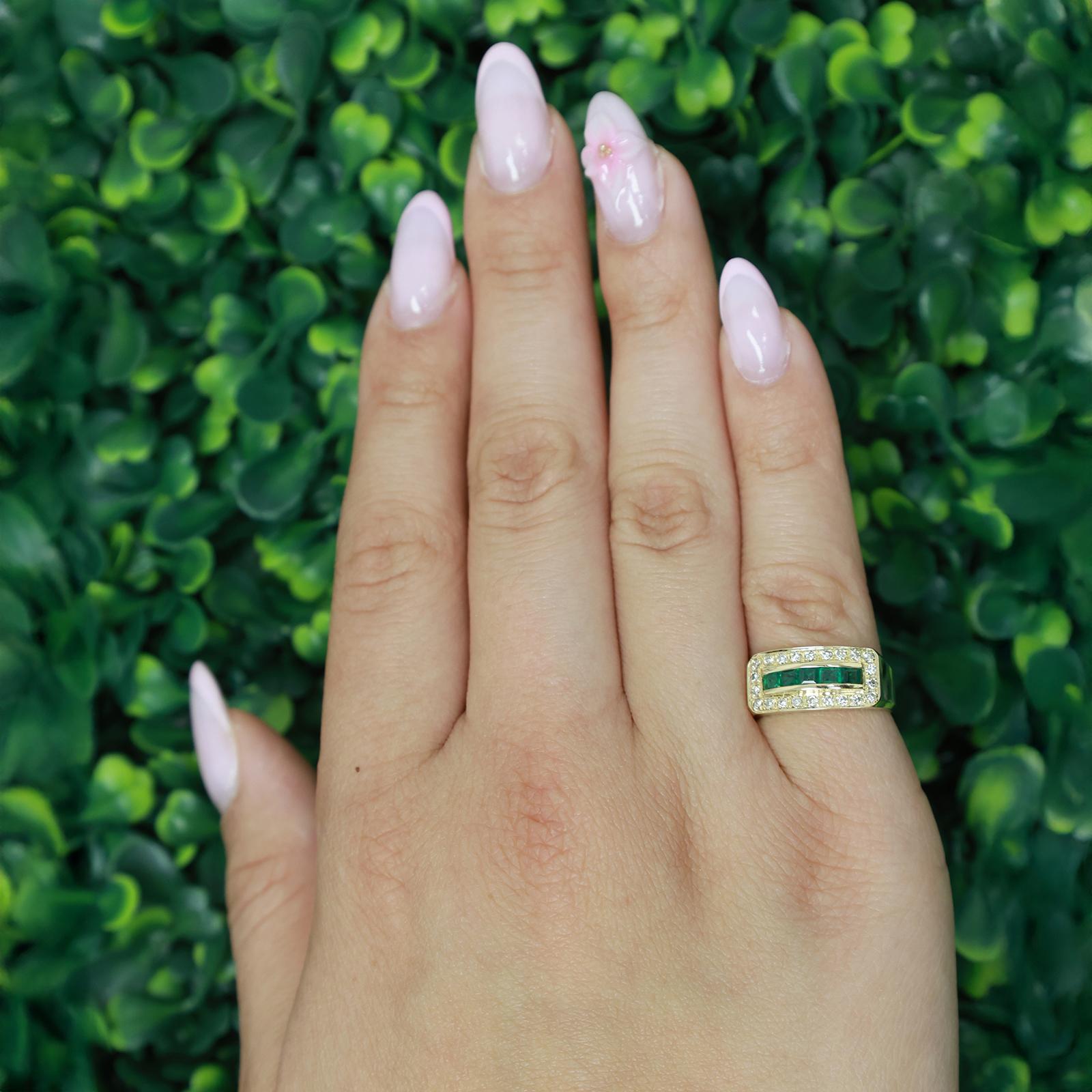 Estate 14K Gold Square Cut Emerald Round Diamond Wide Band Cocktail Ring Size 5