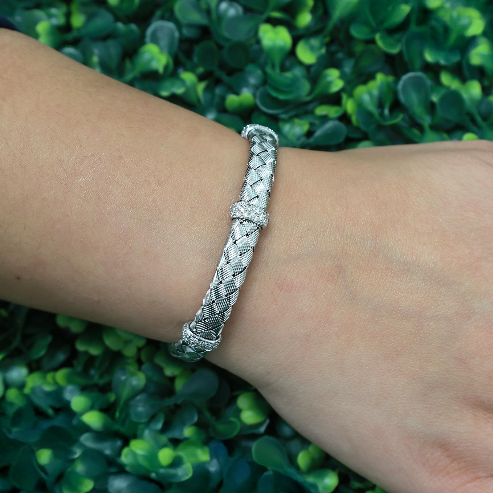 14K White Gold Diamond Woven Bangle Bracelet 0.50 CTW Italy Basket Weave 6.75"