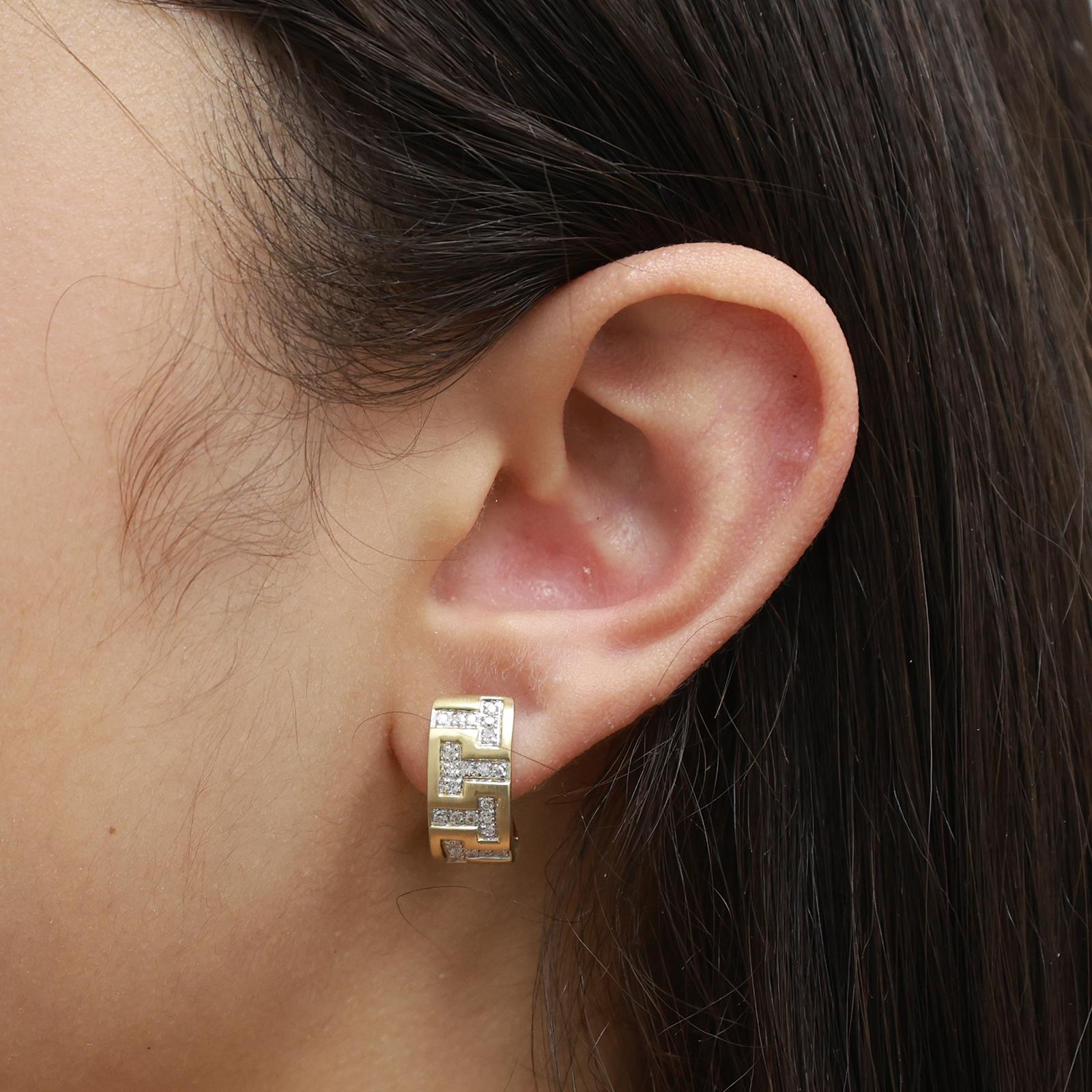 14K Two Tone Gold Diamond Greek Key Hoop Earrings 0.50 CTW Huggie Estate 0.55"