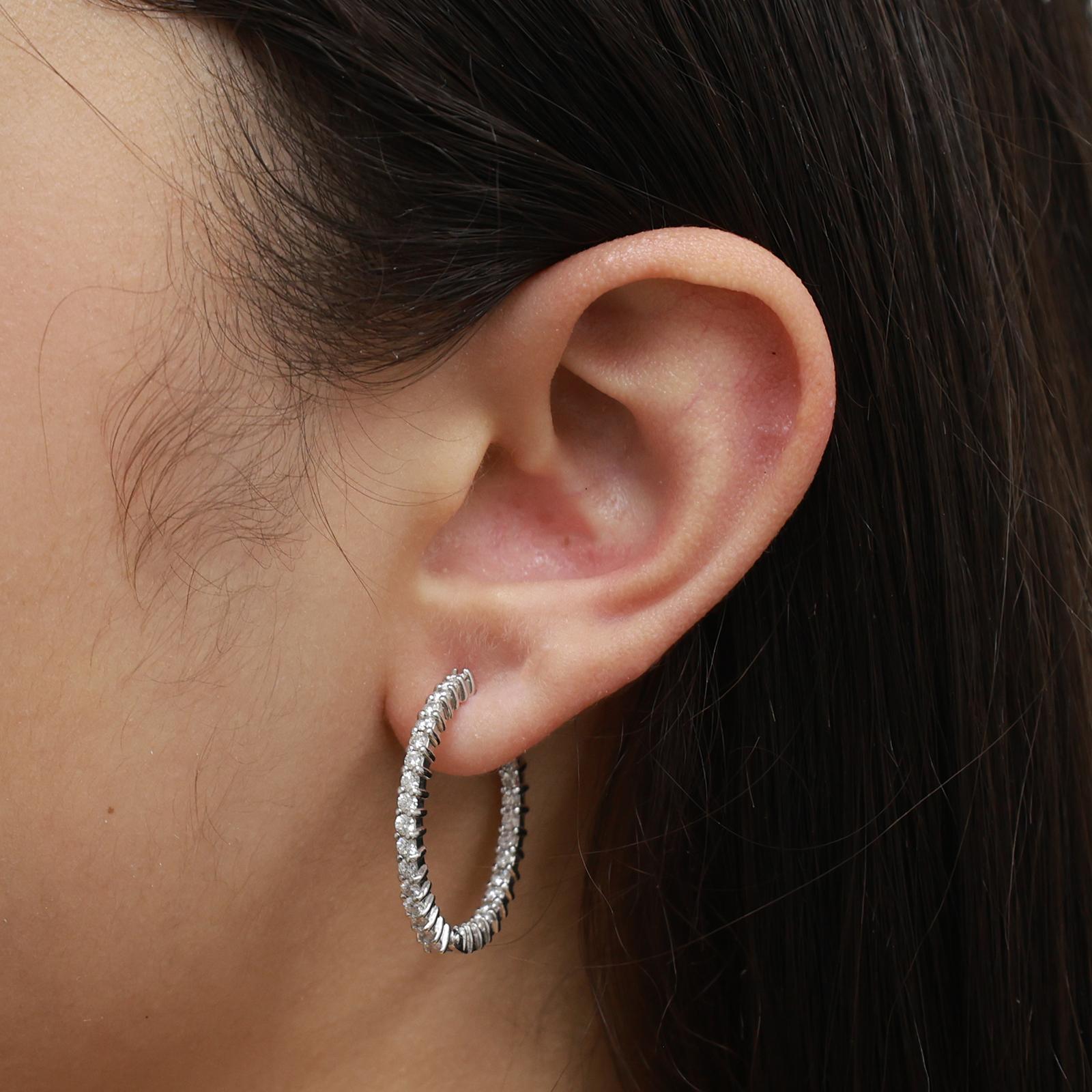 2.00ctw Diamond Round Hoop Earrings 14K White Gold Inside Out 1.05" Estate