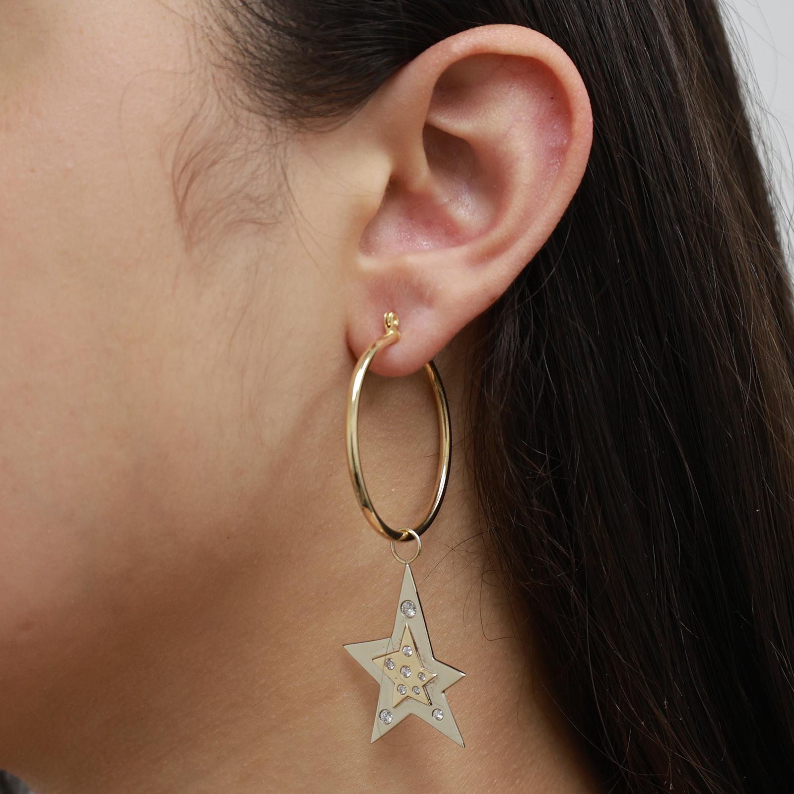 14K Two Tone Gold Diamond Star Dangle Charms 0.40 CTW Estate Drops NO HOOPS