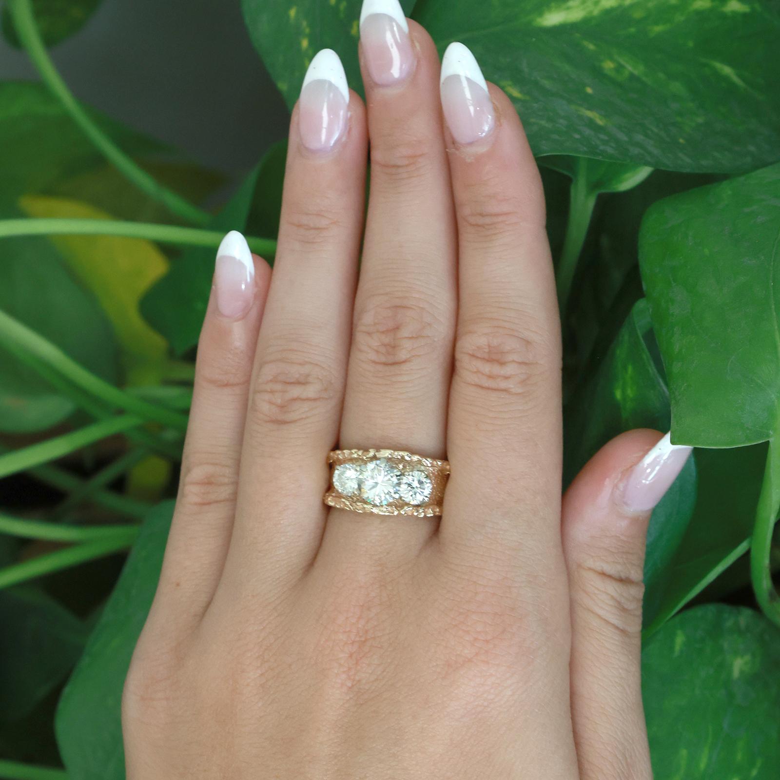 14K Two Tone Gold 3 Stone Diamond Ring 1.70CTW Wide Band Natural Diamonds Size 5