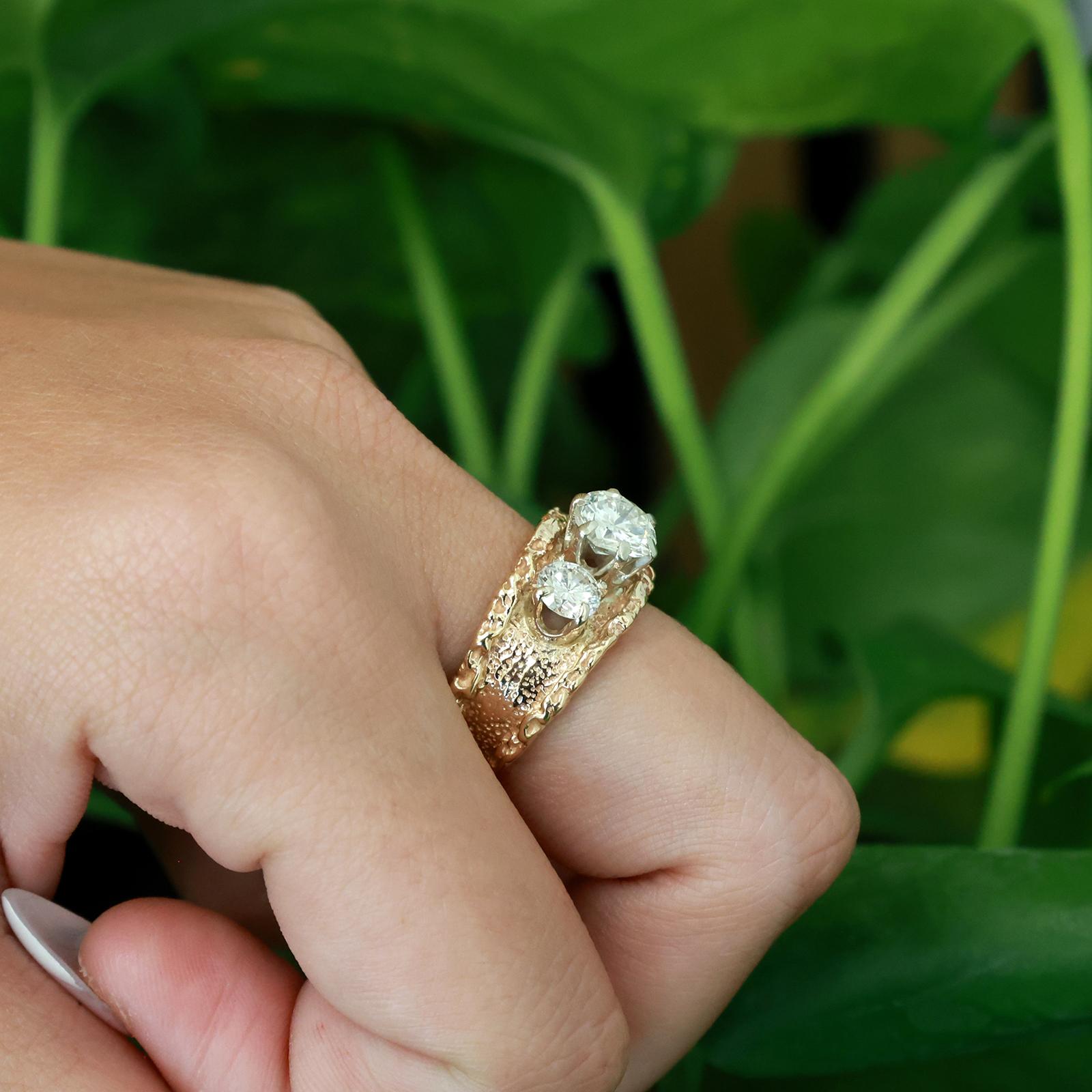 14K Two Tone Gold 3 Stone Diamond Ring 1.70CTW Wide Band Natural Diamonds Size 5