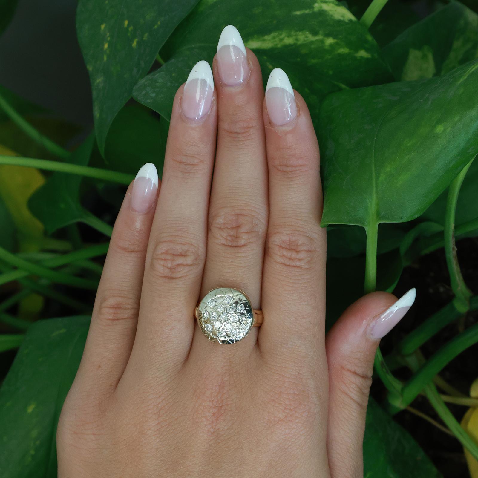 Estate 14K Two-Tone Gold Diamond Cluster Starburst Dome Ring 0.50ctw Size 5.25