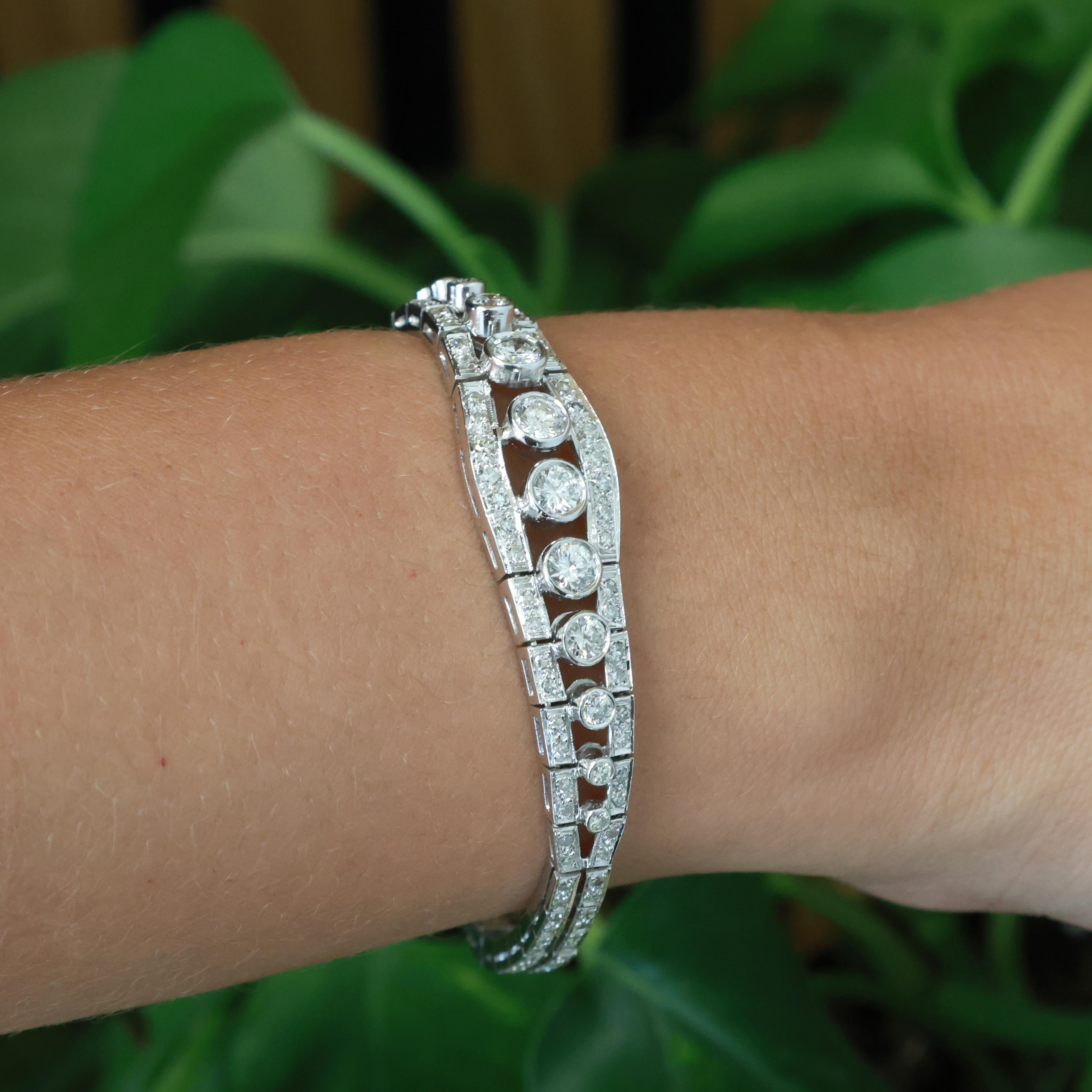 Estate White Gold 2.75ct Natural Diamond Bezel Link Bracelet G-H SI Vintage 6"
