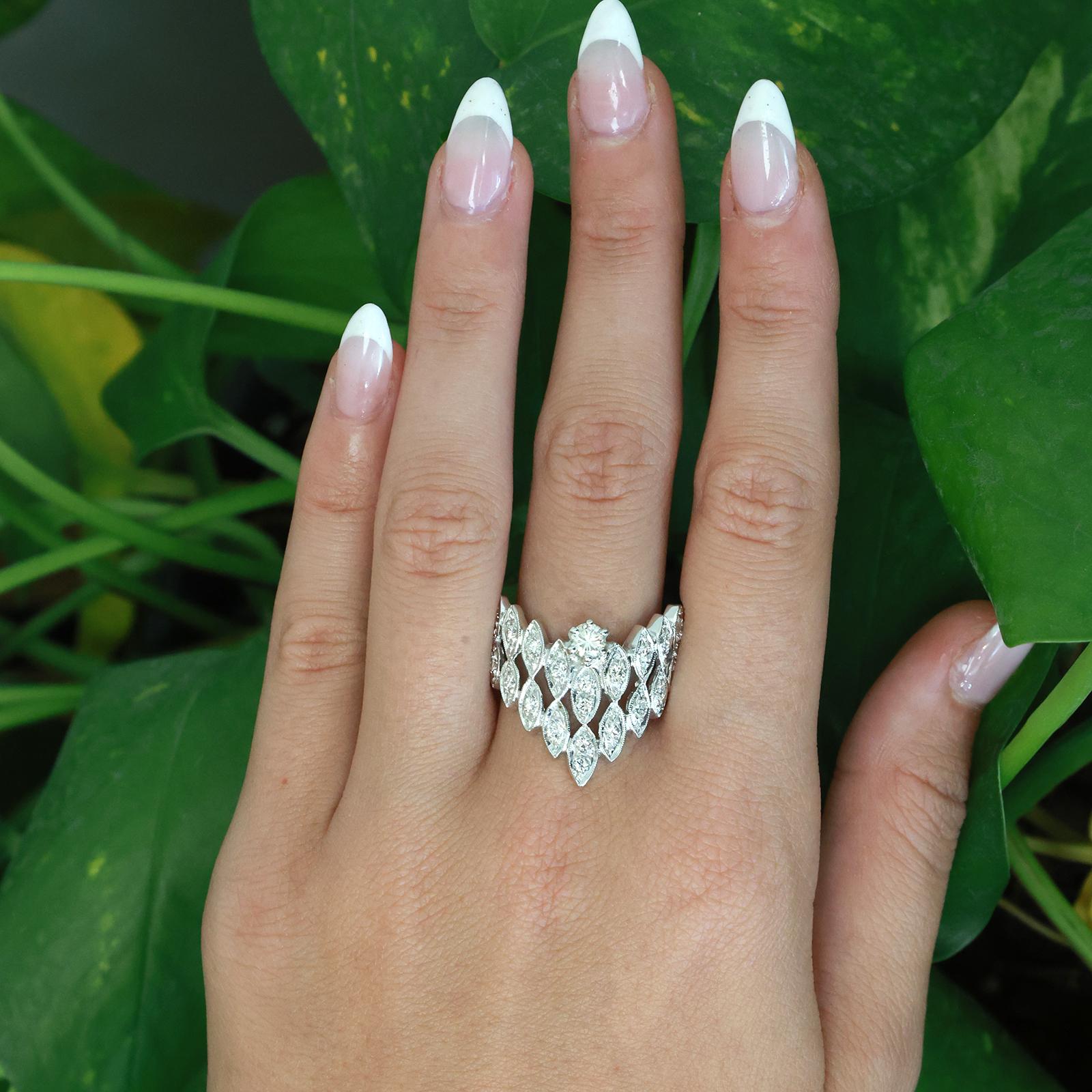Vintage White Gold Diamond Cocktail Ring Multi Row Marquise Cluster 1.00CTW 10.5