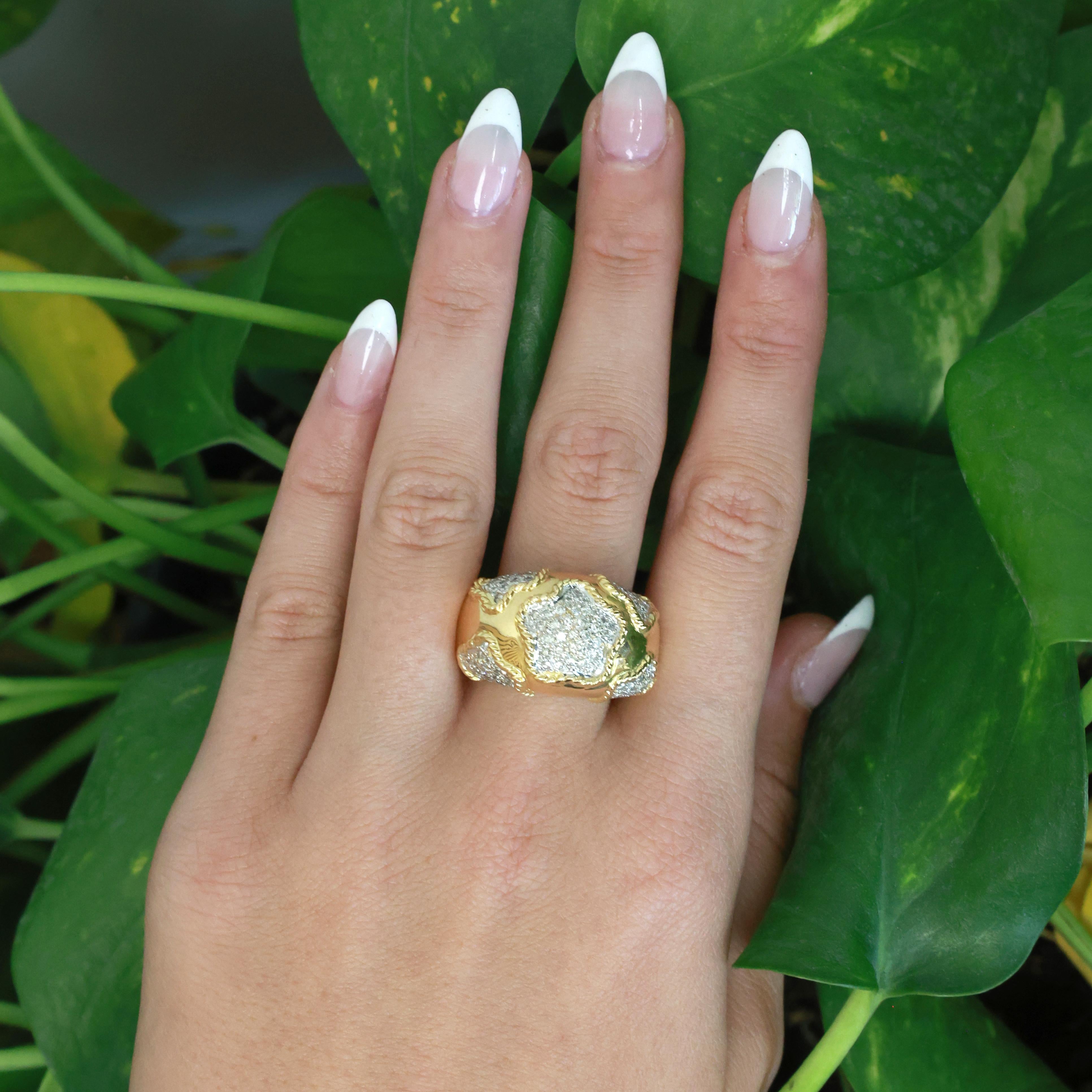 18K Yellow Gold Diamond Cluster Ring 1.75 CTW Wide Heavy Statement Band Size 6.5