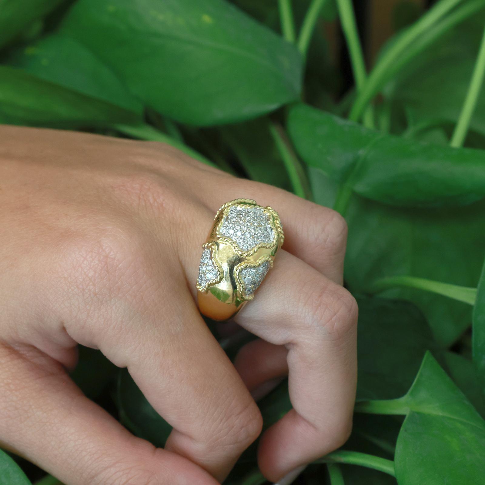 18K Yellow Gold Diamond Cluster Ring 1.75 CTW Wide Heavy Statement Band Size 6.5