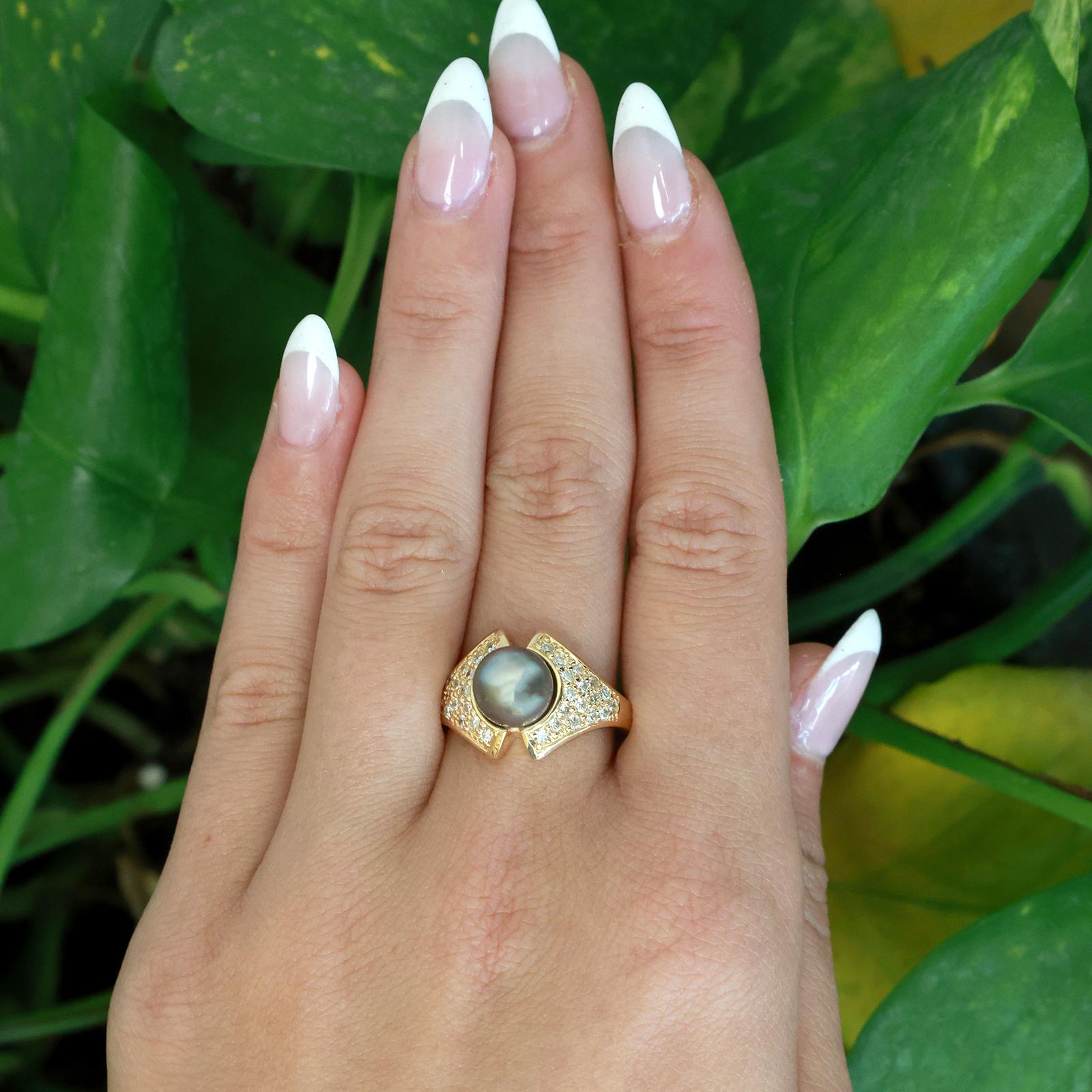 14K Yellow Gold South Sea Pearl Diamond Ring 0.70 TW 8mm Pearl Statement Size 7