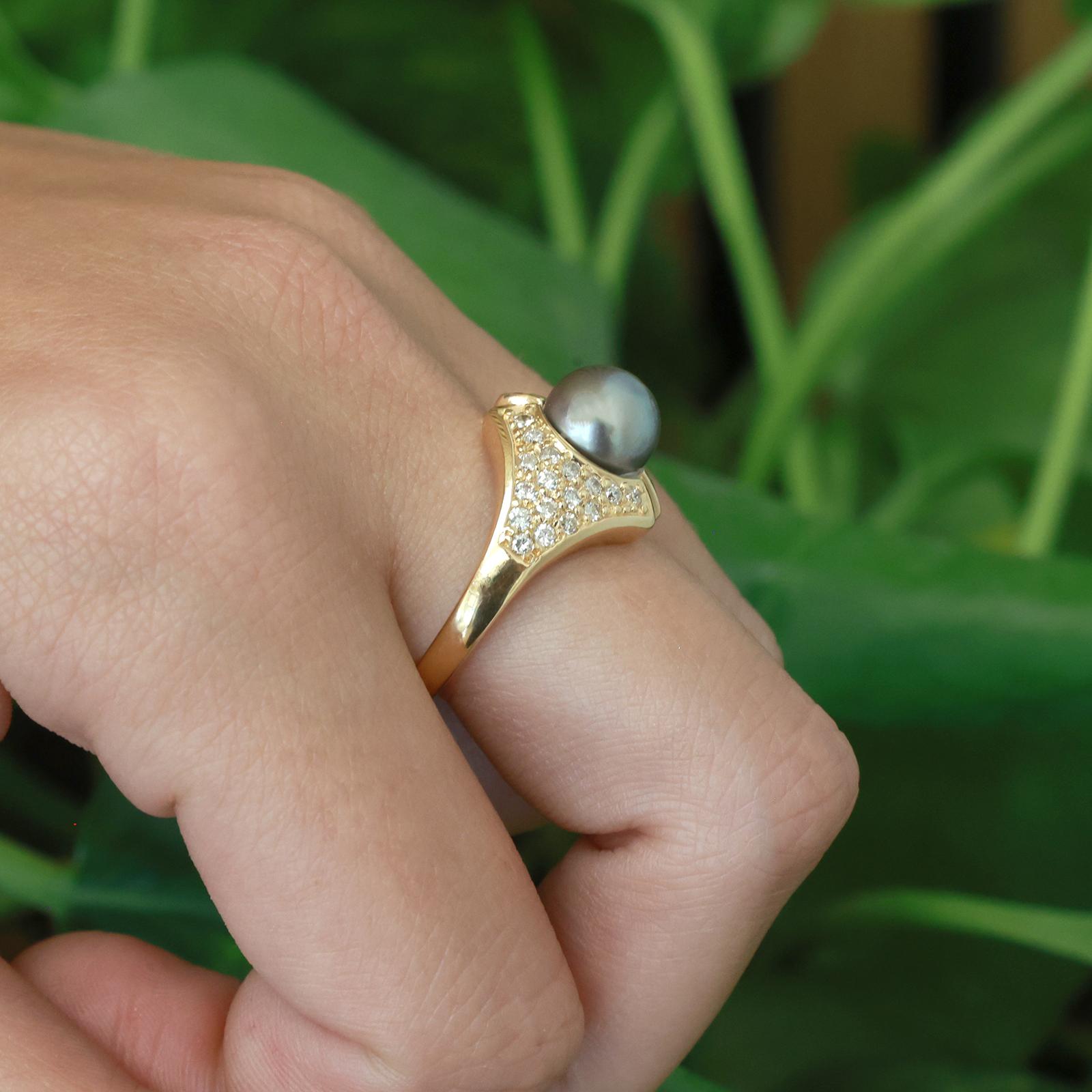 14K Yellow Gold South Sea Pearl Diamond Ring 0.70 TW 8mm Pearl Statement Size 7