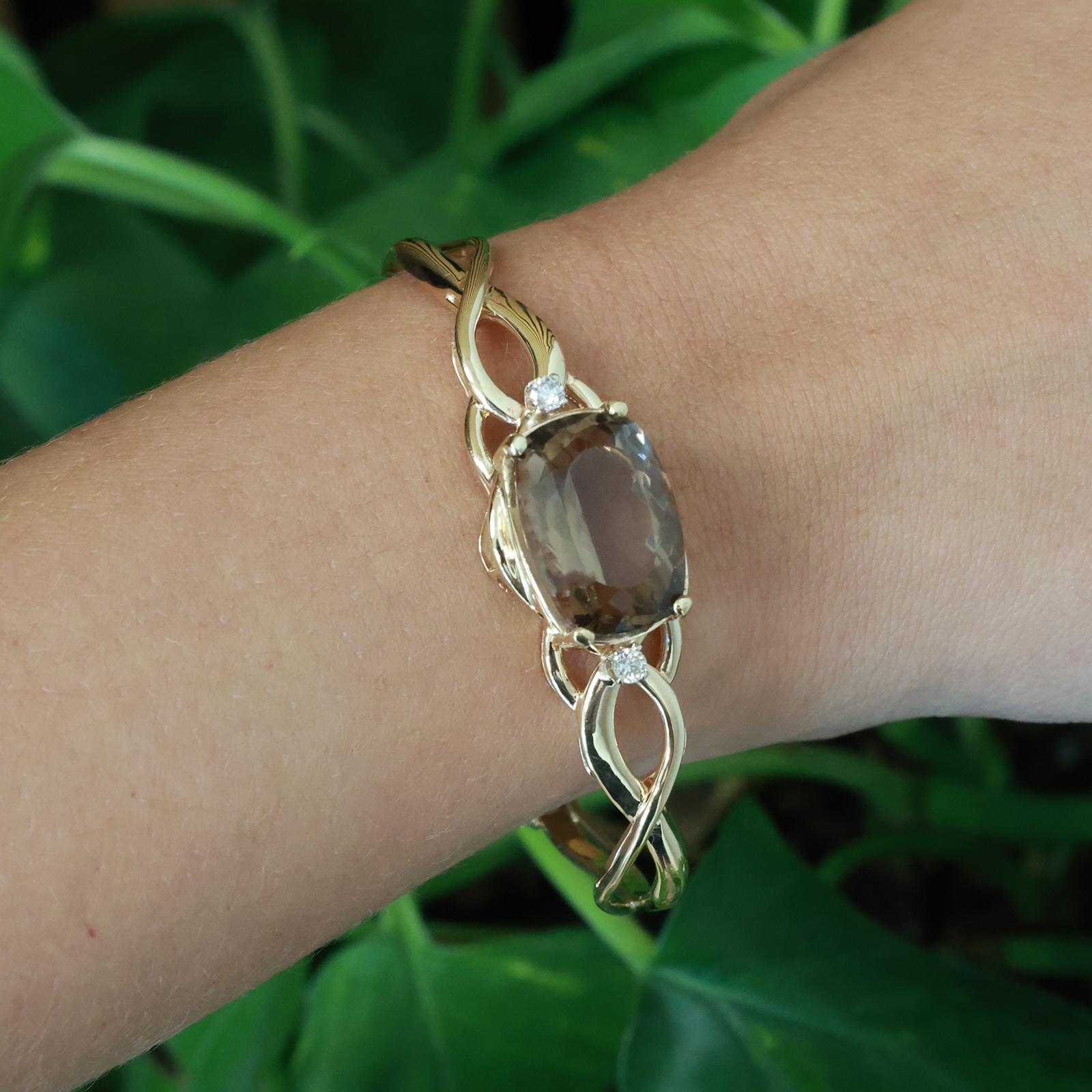 14K Yellow Gold Smoky Quartz Diamond Cuff Bracelet 11.50CT Antique Cushion 6"