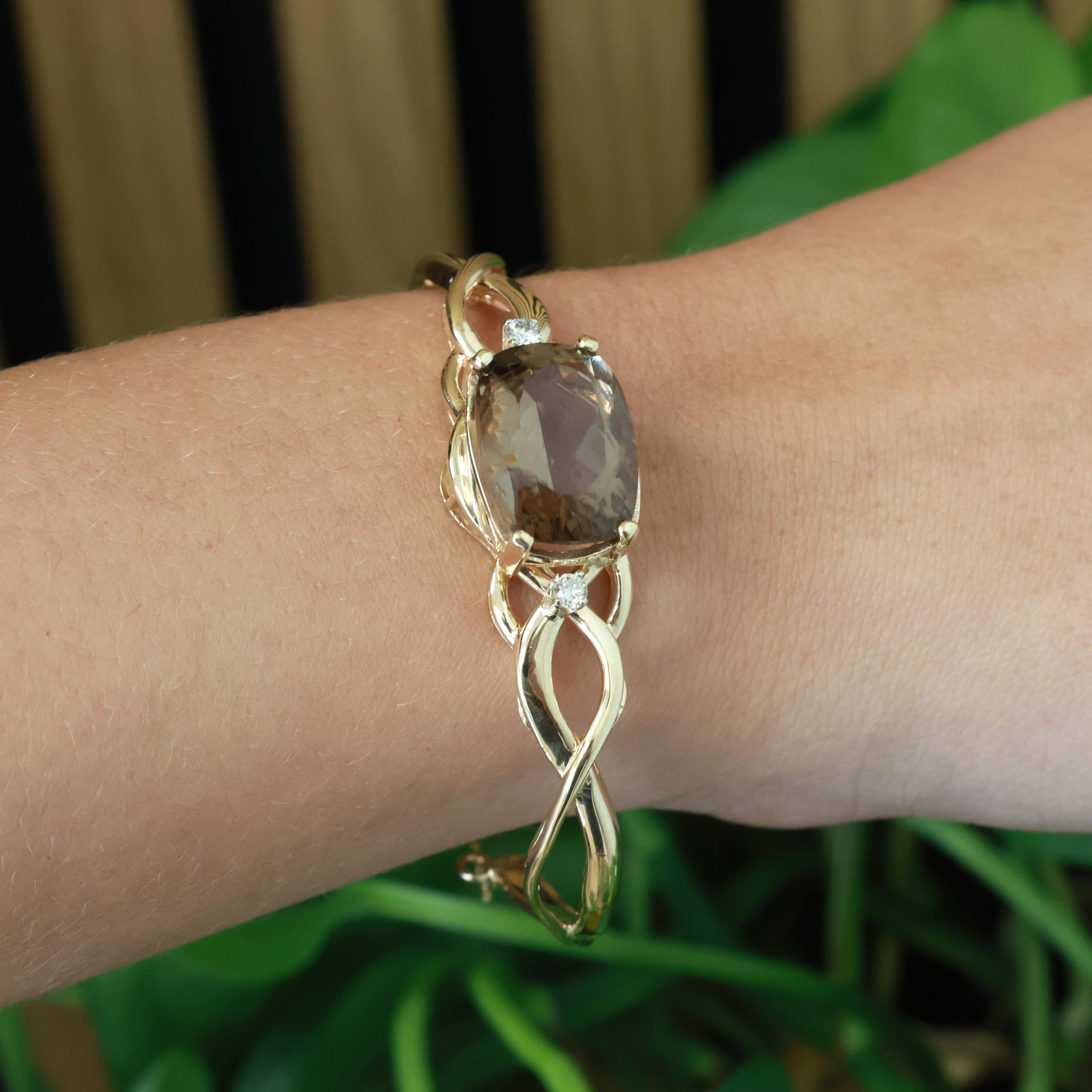 14K Yellow Gold Smoky Quartz Diamond Cuff Bracelet 11.50CT Antique Cushion 6"