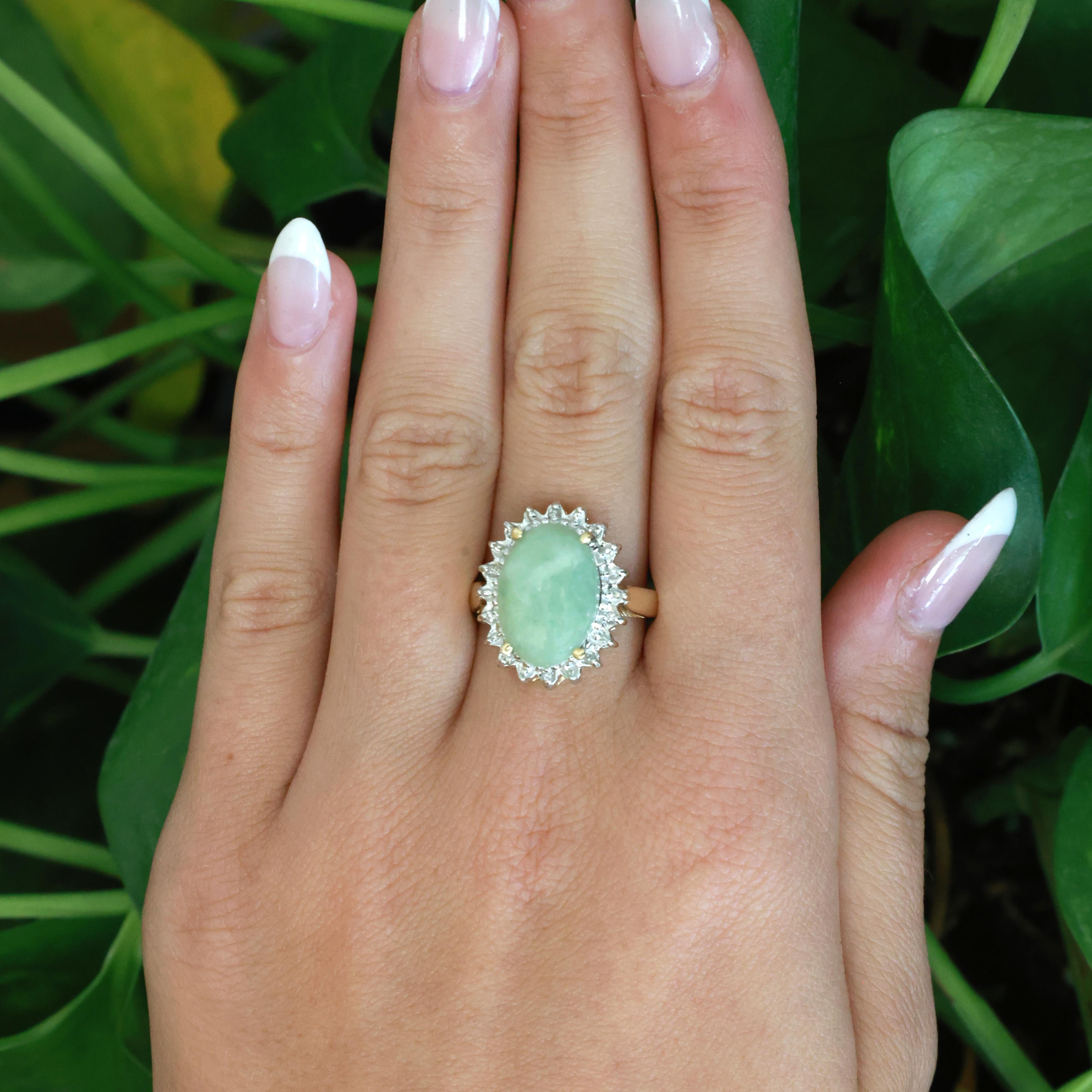 14K Two Tone Gold Jadeite Jade Diamond Ring Oval Cabochon Halo Setting Size 7