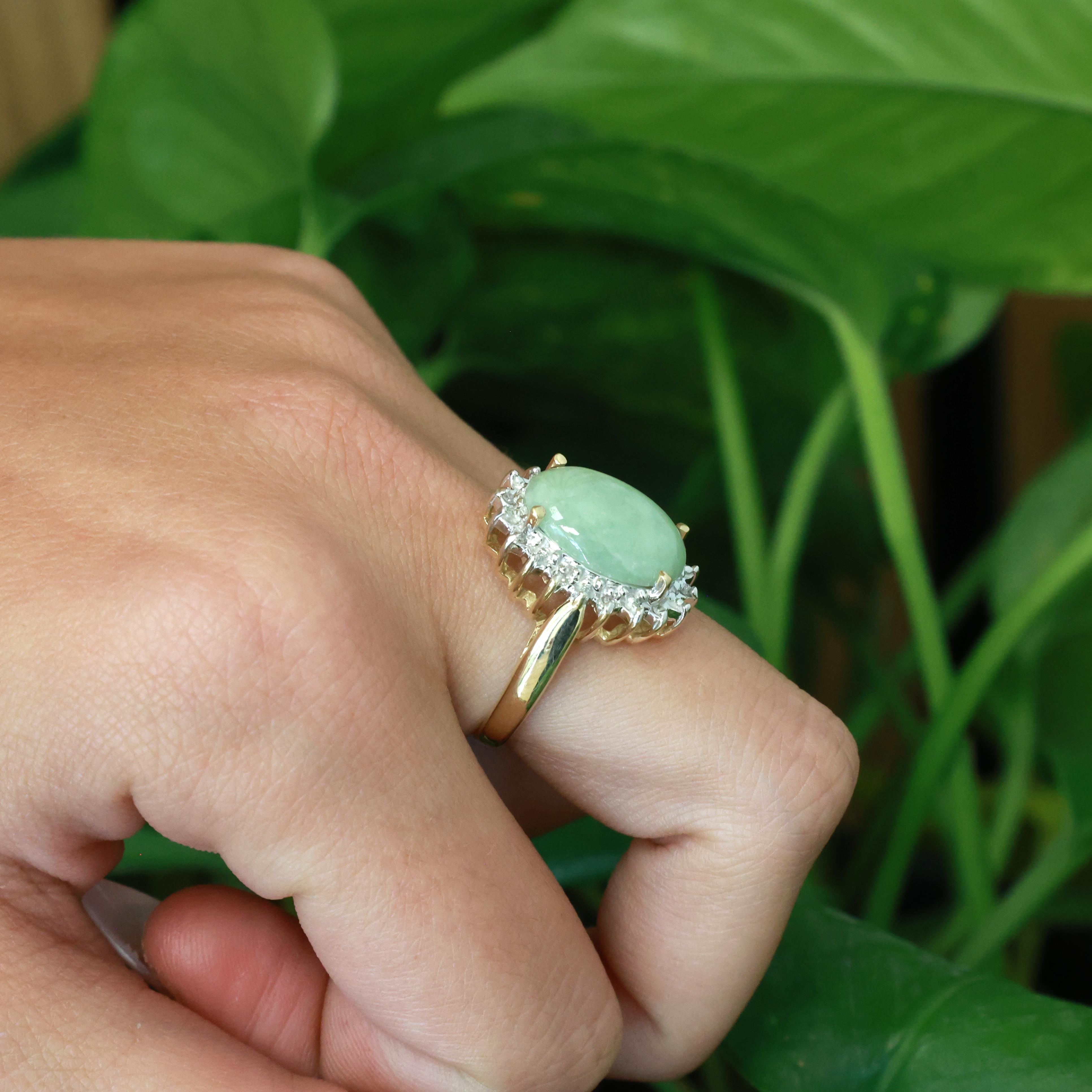 14K Two Tone Gold Jadeite Jade Diamond Ring Oval Cabochon Halo Setting Size 7