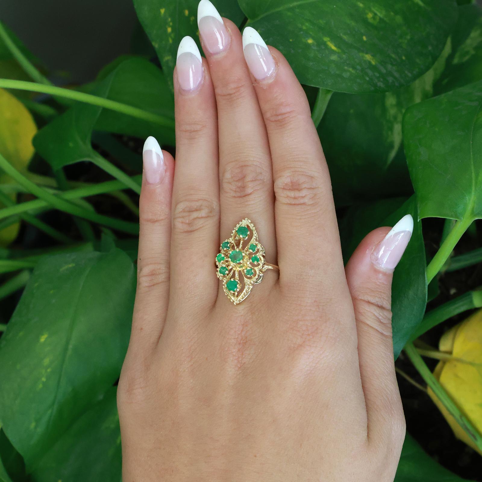 Vintage Emerald Filigree Floral Cocktail Ring Yellow Gold 0.53 CTW Size 8 Estate