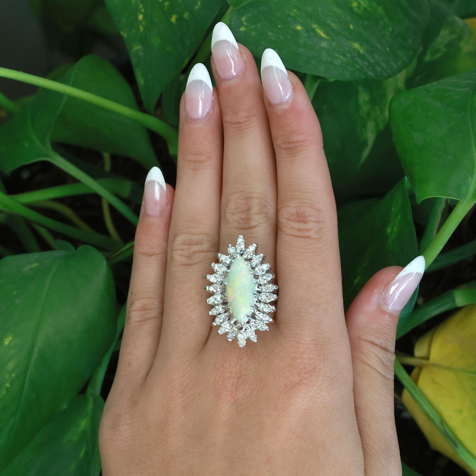 Vintage White Gold Marquise Opal Diamond Halo Cocktail Ring 3.37CTW Size 7.5
