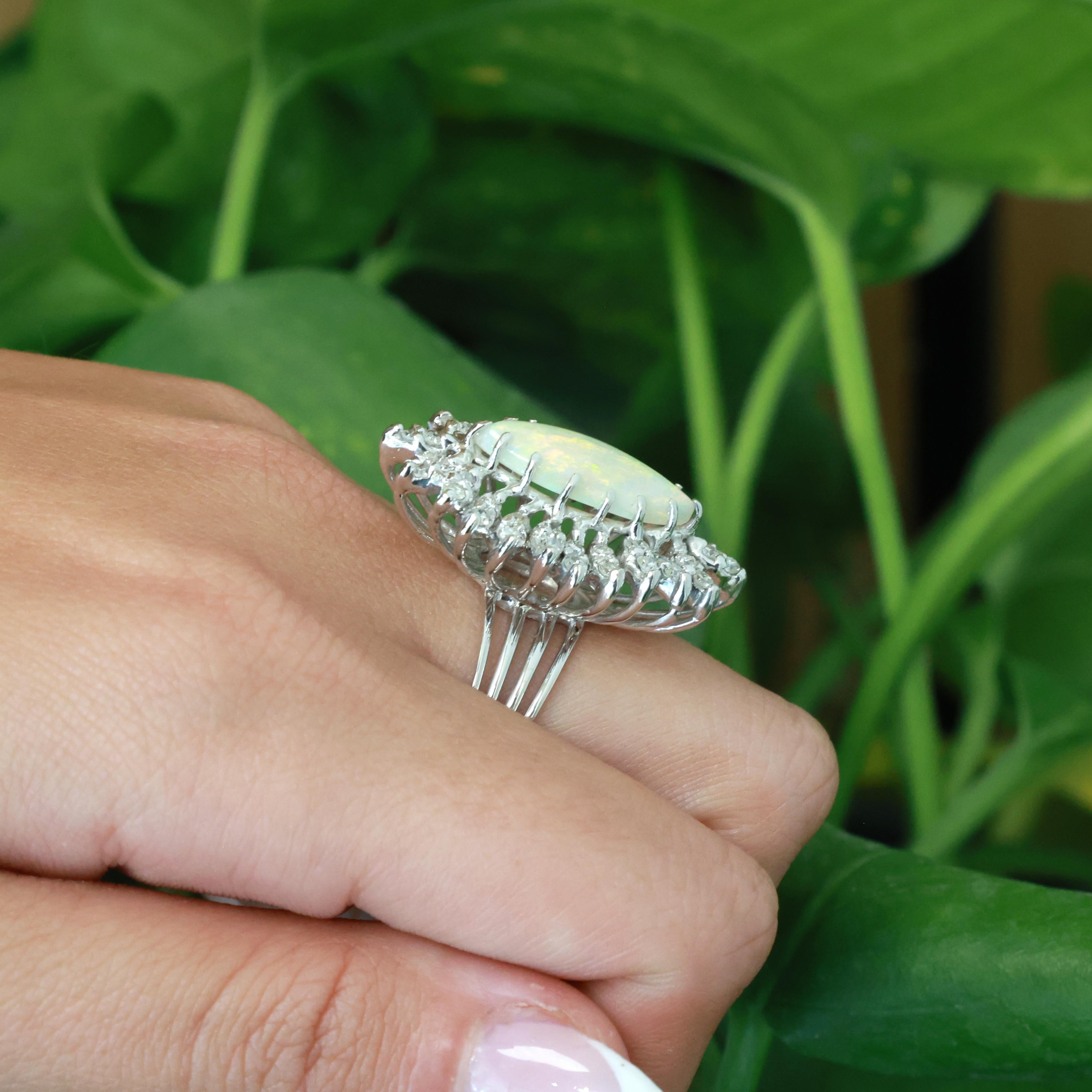 Vintage White Gold Marquise Opal Diamond Halo Cocktail Ring 3.37CTW Size 7.5