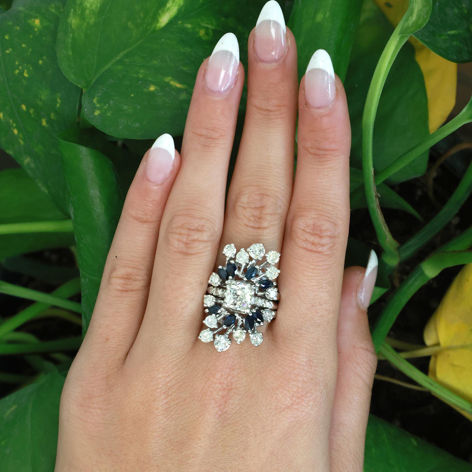 Vintage White Gold Old European Cut Diamond Sapphire Cluster Ring 3.39CTW