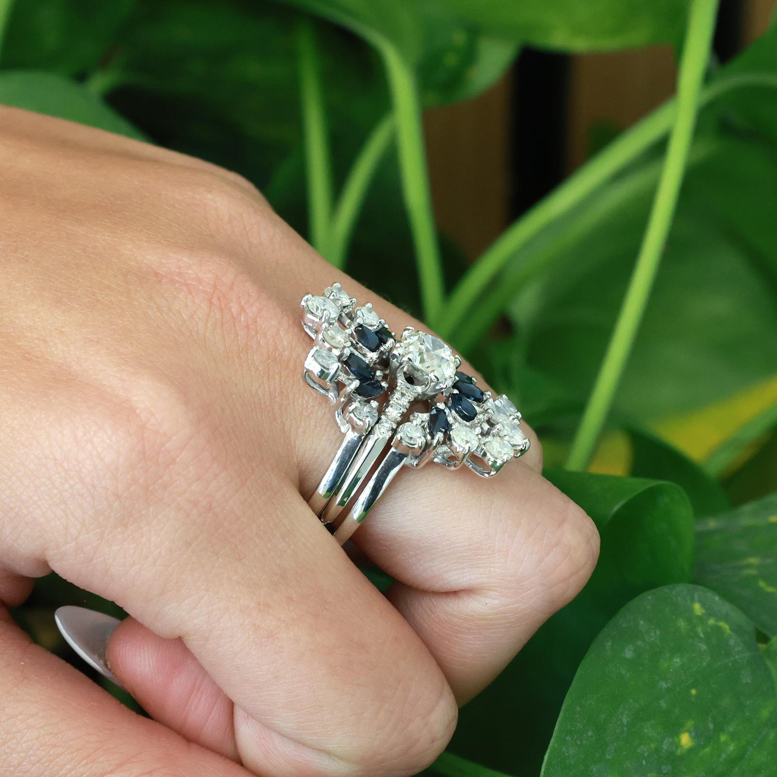 Vintage White Gold Old European Cut Diamond Sapphire Cluster Ring 3.39CTW