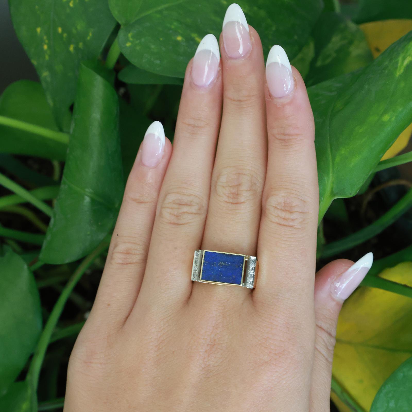 Lapis Lazuli Diamond Band Ring 14K Yellow Gold Size 7 Unisex Estate