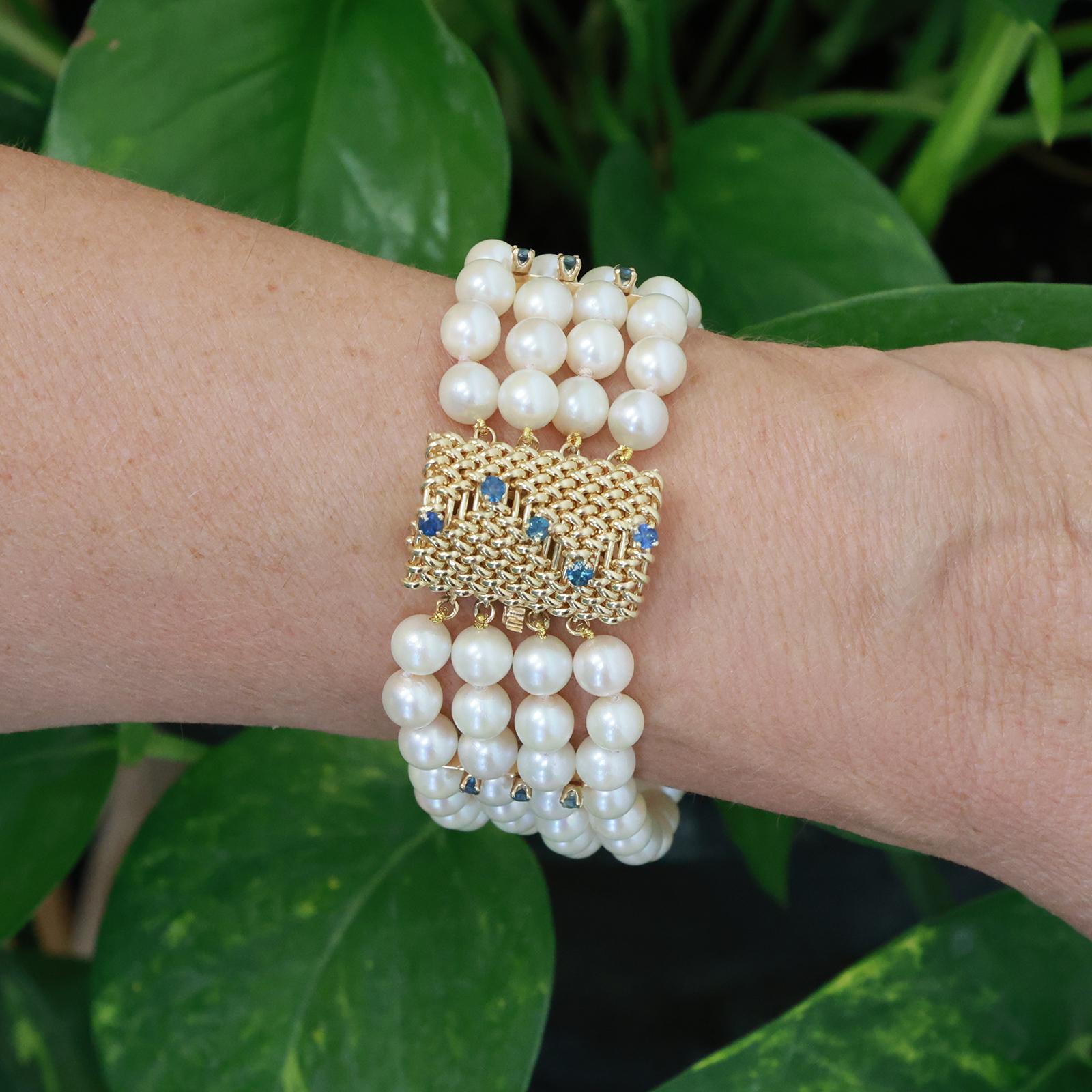 Estate 14K Gold 96 Akoya Pearl 5-Strand Blue Sapphire Bracelet 25mm Wide 7.25"