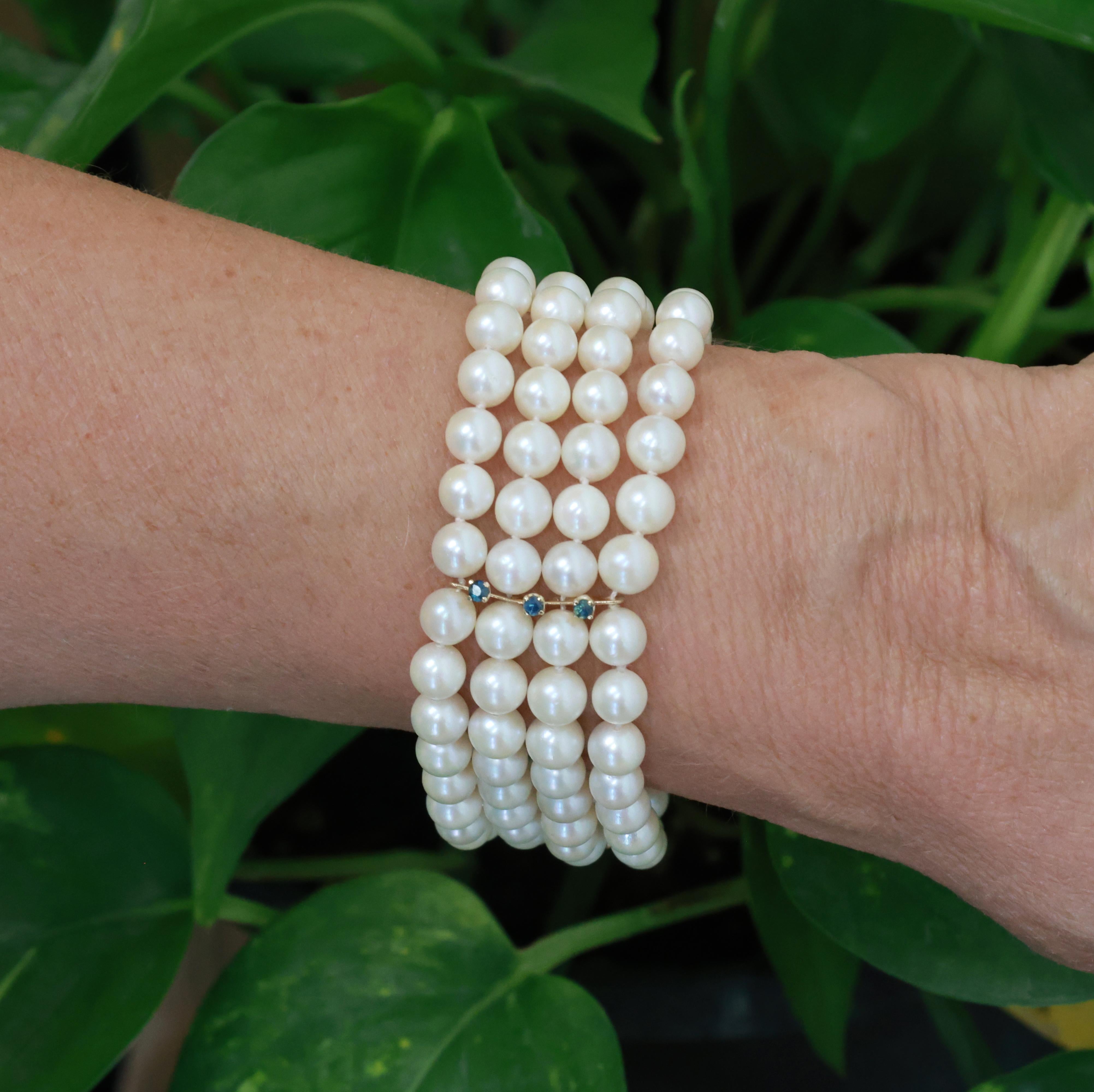 Estate 14K Gold 96 Akoya Pearl 5-Strand Blue Sapphire Bracelet 25mm Wide 7.25"