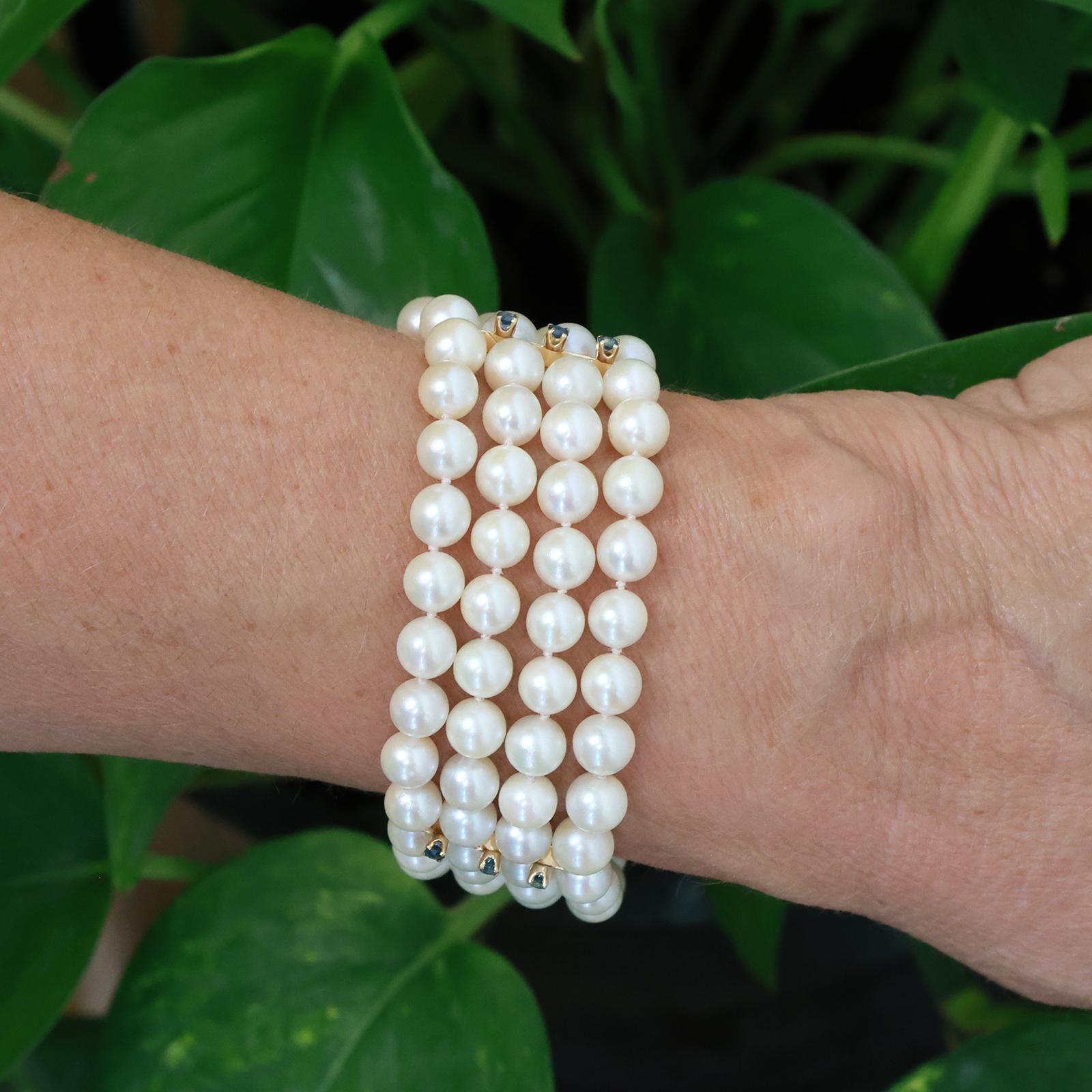 Estate 14K Gold 96 Akoya Pearl 5-Strand Blue Sapphire Bracelet 25mm Wide 7.25"