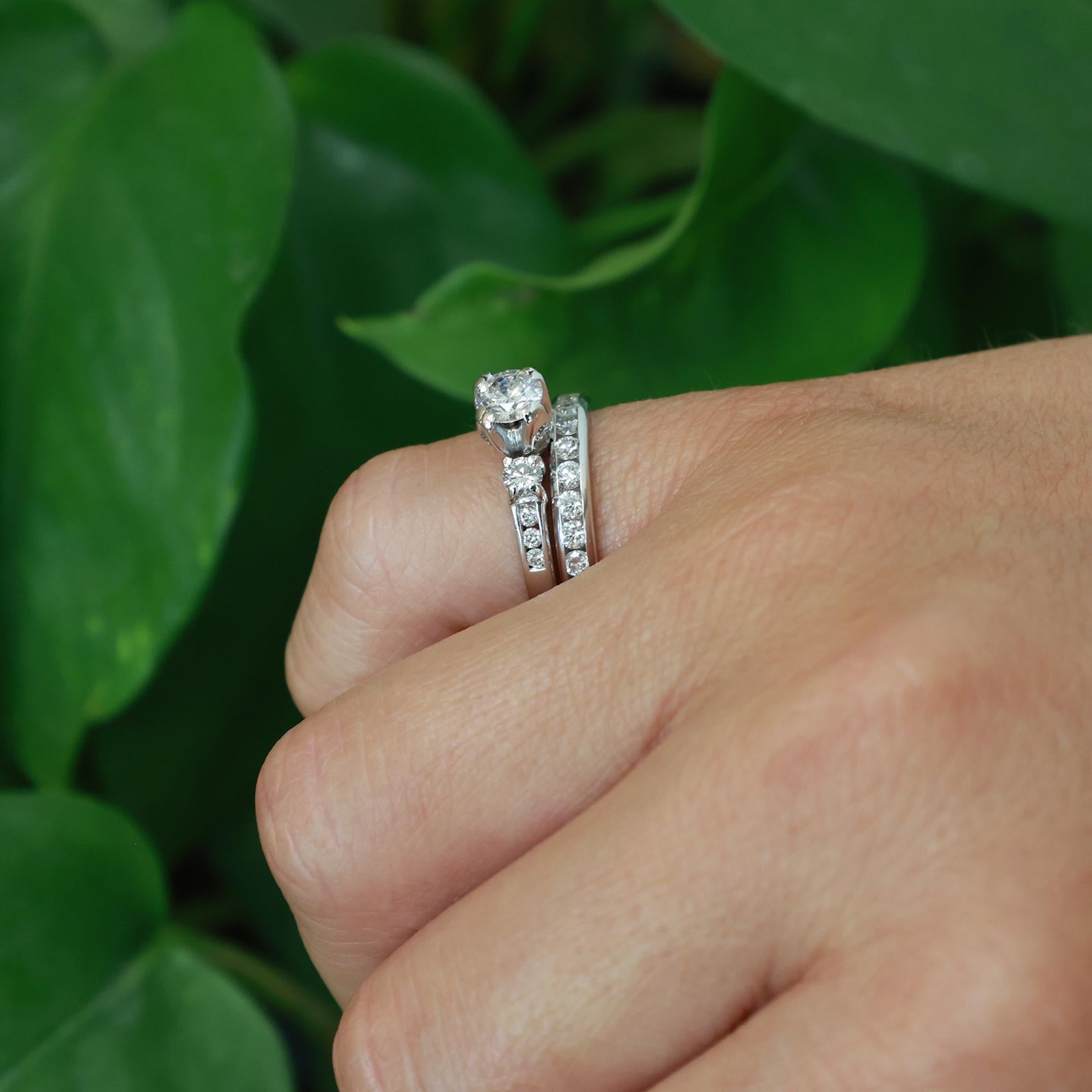 14K White Gold 1.30CTW Diamond Bridal Set 0.50CT Center Engagement Ring Sz 5.25