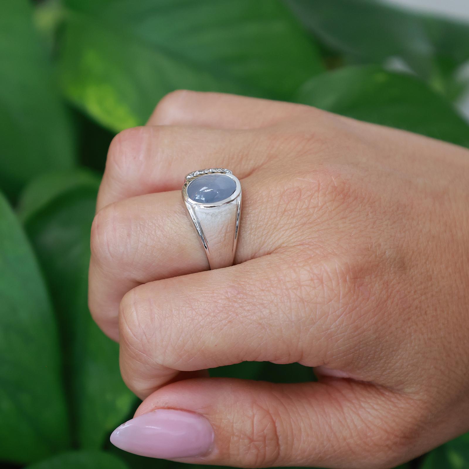 14K White Gold Blue Star Sapphire Diamond Signet Ring 3.80ctw Unisex Estate