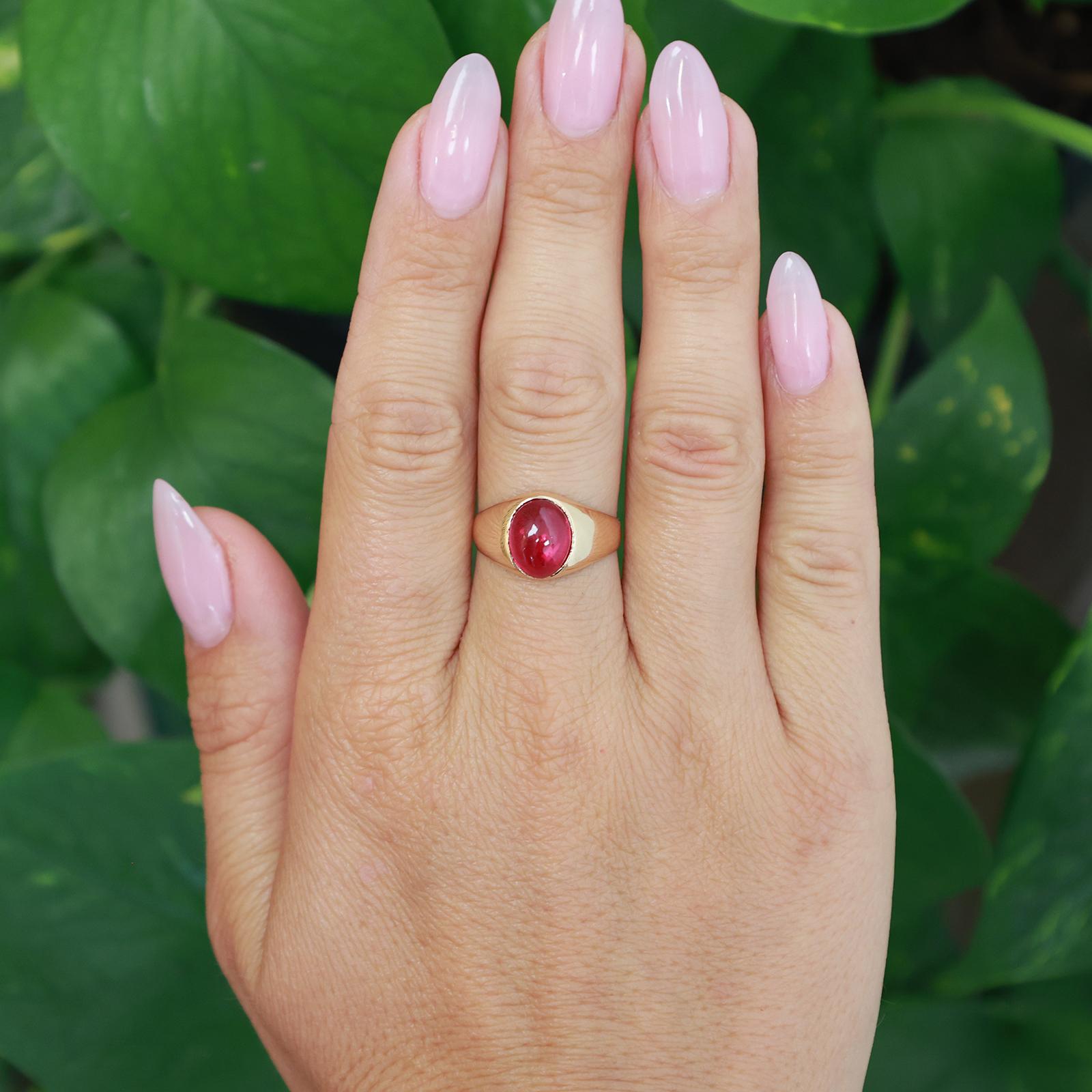 14K Yellow Gold 2.65CT Lab Created Ruby Oval Cabochon Satin Finish Signet Ring