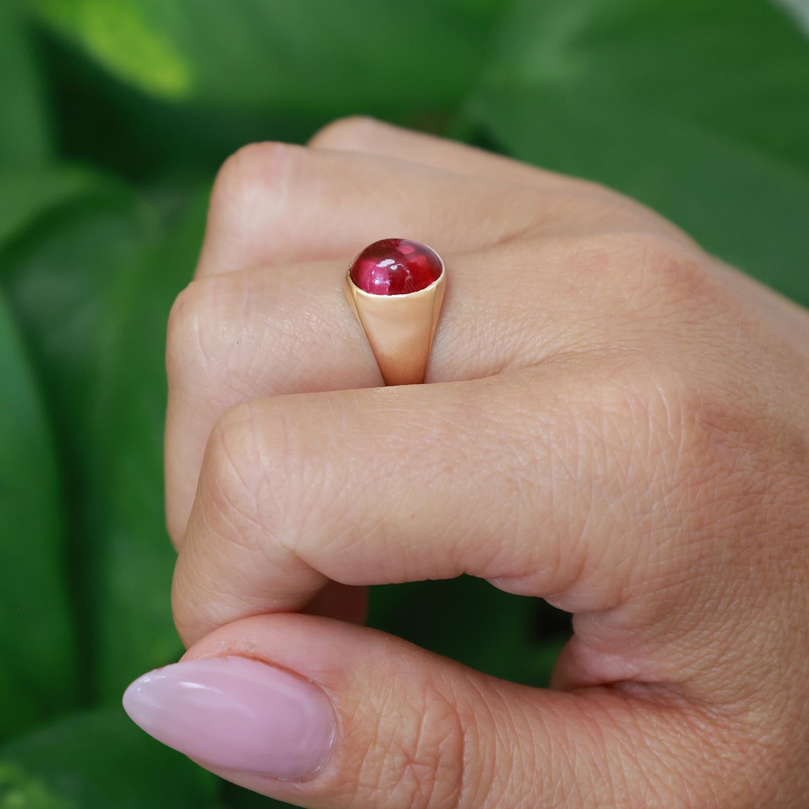 14K Yellow Gold 2.65CT Lab Created Ruby Oval Cabochon Satin Finish Signet Ring