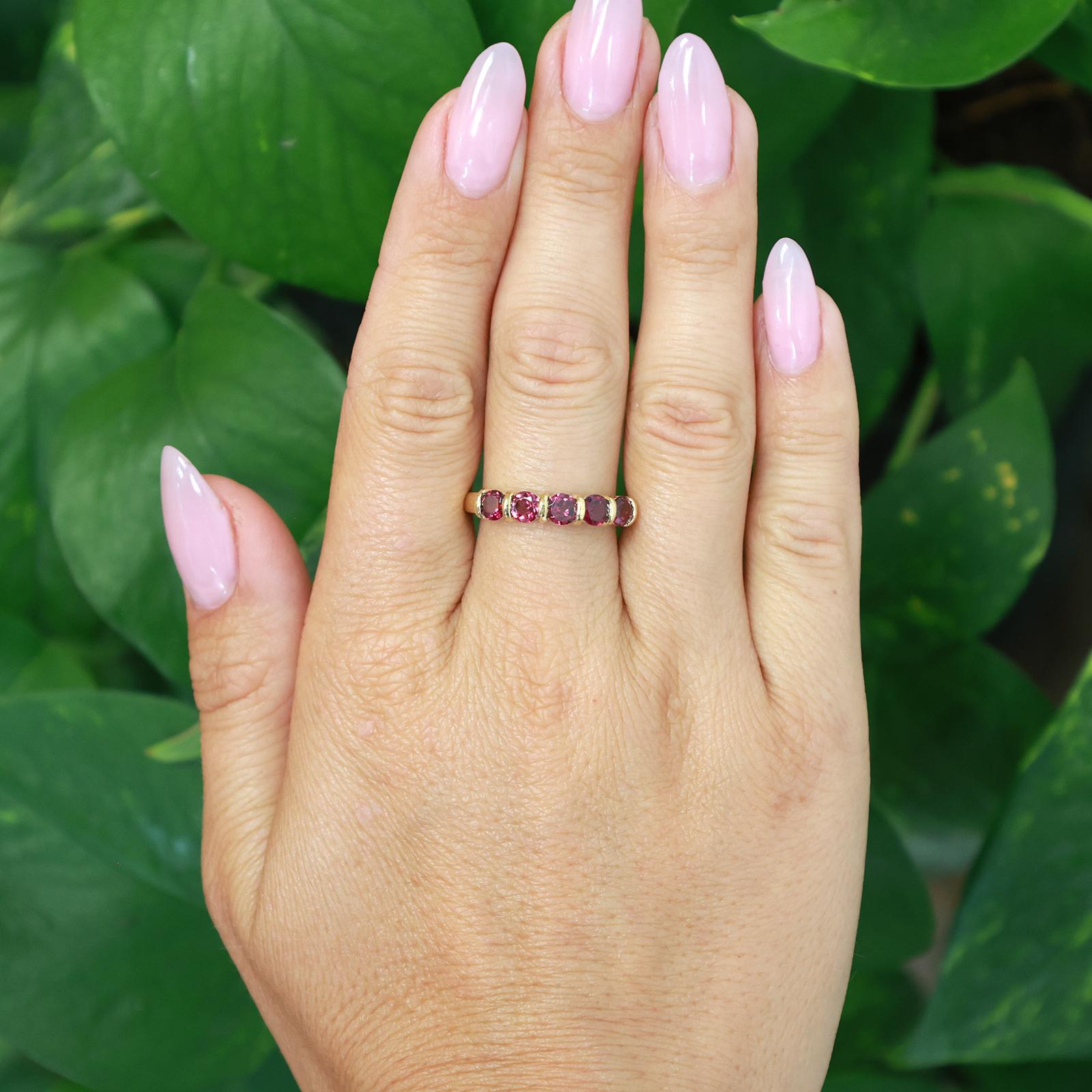 14K Yellow Gold 1.75CTW Rhodolite Garnet 5-Stone Half Eternity Band Ring Sz 9.25