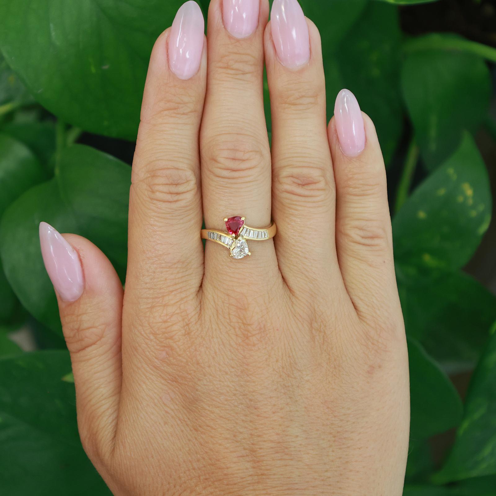 18K Yellow Gold Mayor's Heart Ruby Heart Diamond Baguette Ring 1.35ctw Size 6.75