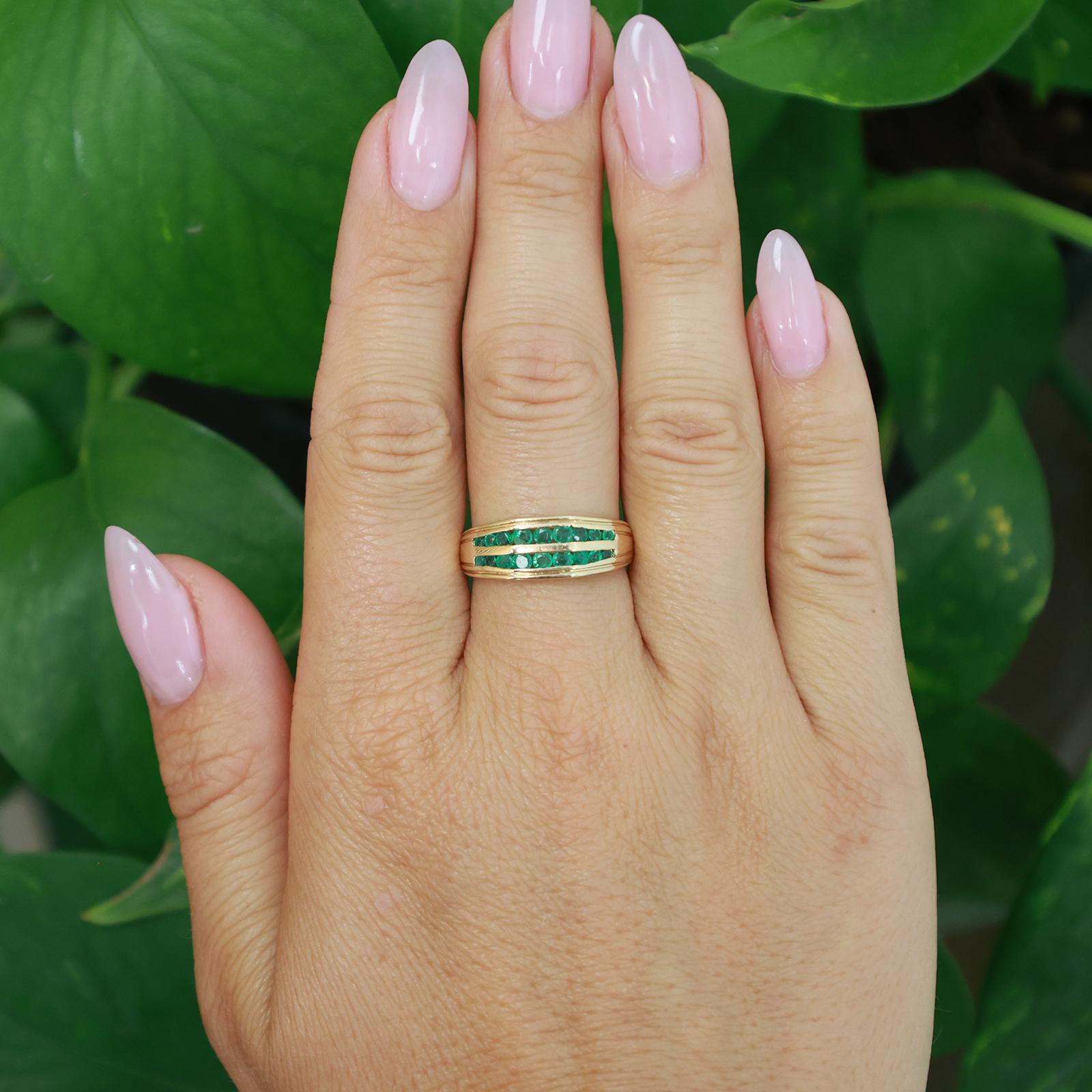 10K Yellow Gold Natural Emerald Double Row Band Ring Channel Set 0.54ctw Size 8
