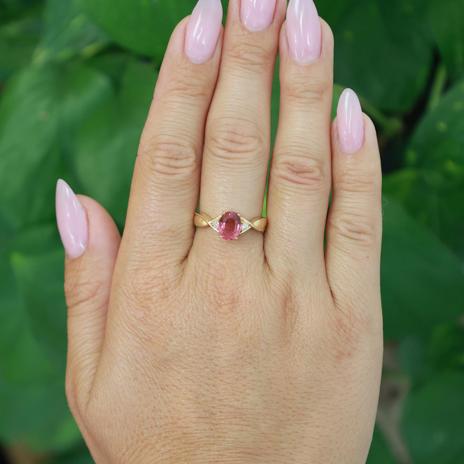 14K Yellow Gold 1.35ct Pink Tourmaline Diamond Twist Ring Size 7