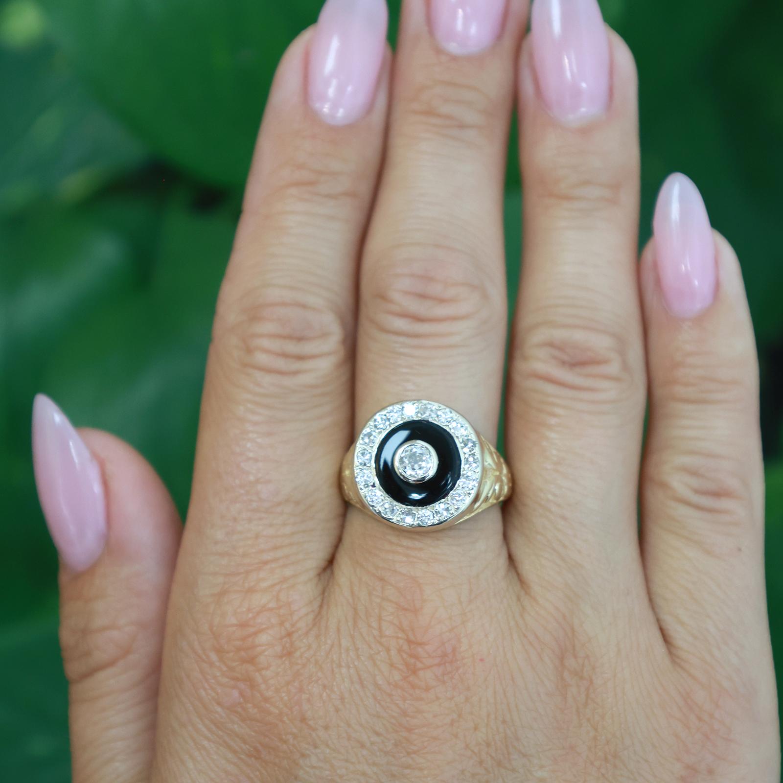 Art Deco Two Tone Gold Onyx Old European Cut Diamond Target Ring Estate 0.90CTW