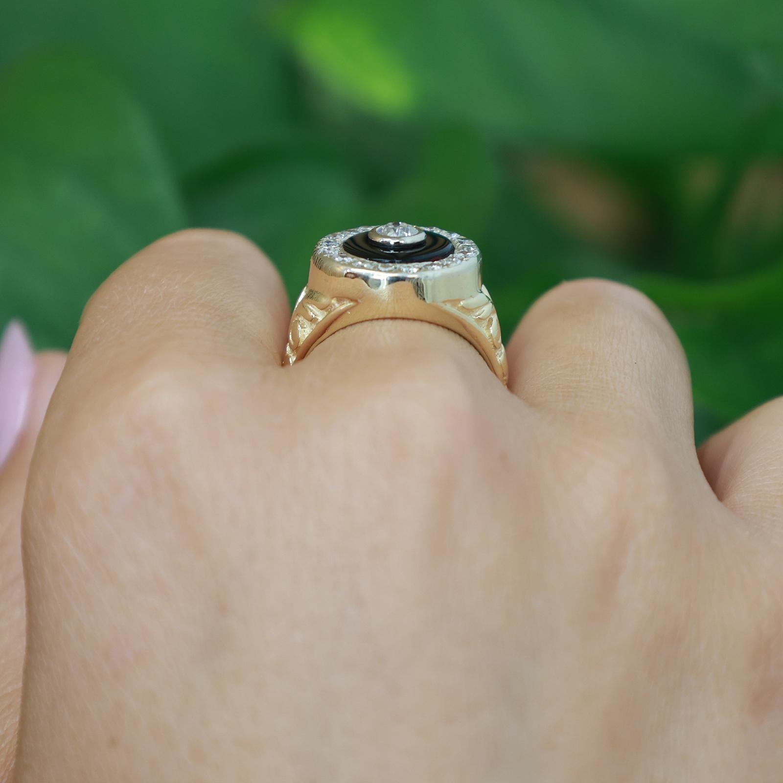 Art Deco Two Tone Gold Onyx Old European Cut Diamond Target Ring Estate 0.90CTW