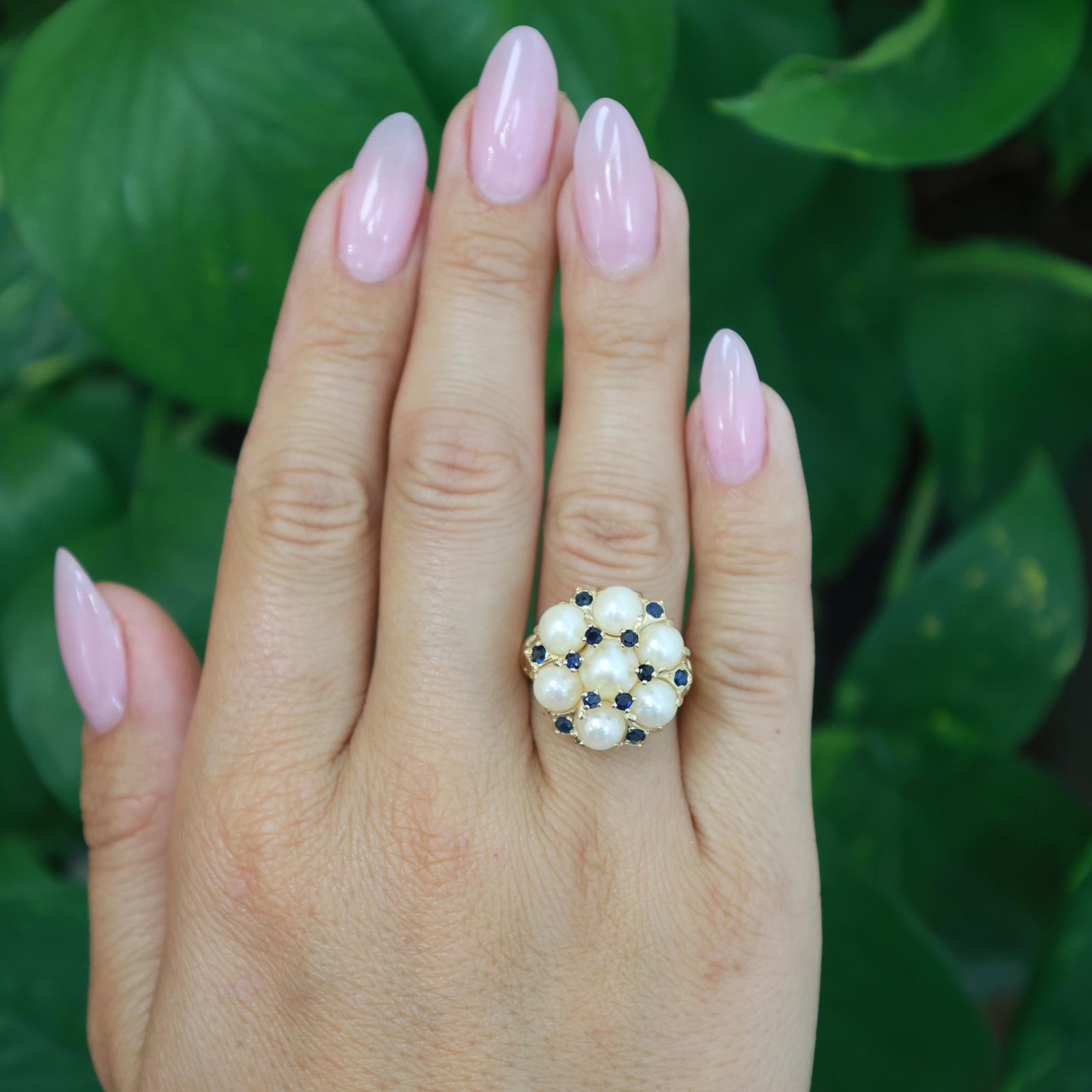 14K Yellow Gold Akoya Pearl Blue Sapphire Dome Cluster Cocktail Ring Size 6.5