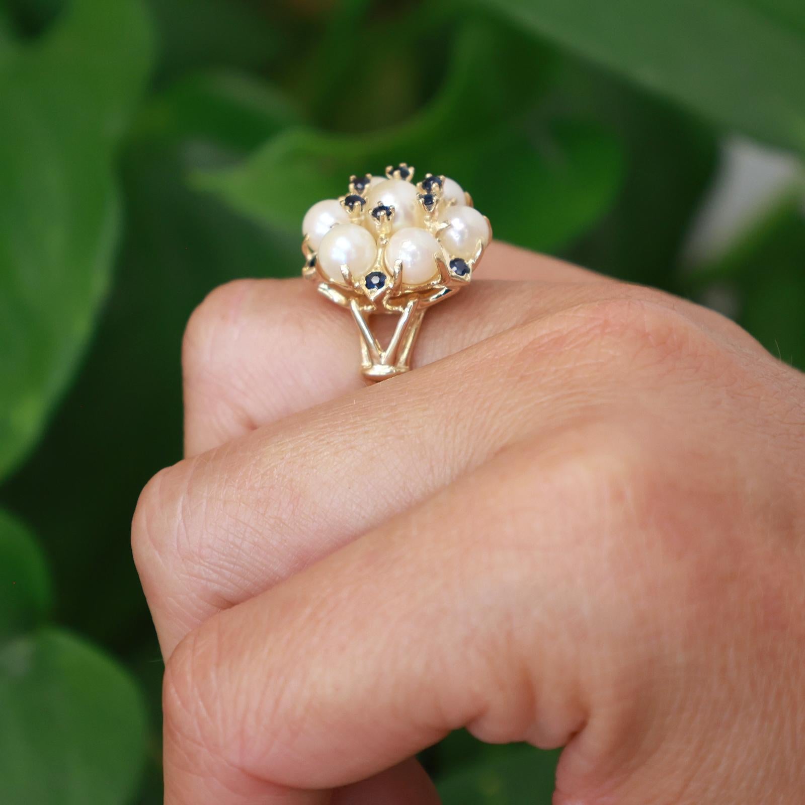 14K Yellow Gold Akoya Pearl Blue Sapphire Dome Cluster Cocktail Ring Size 6.5