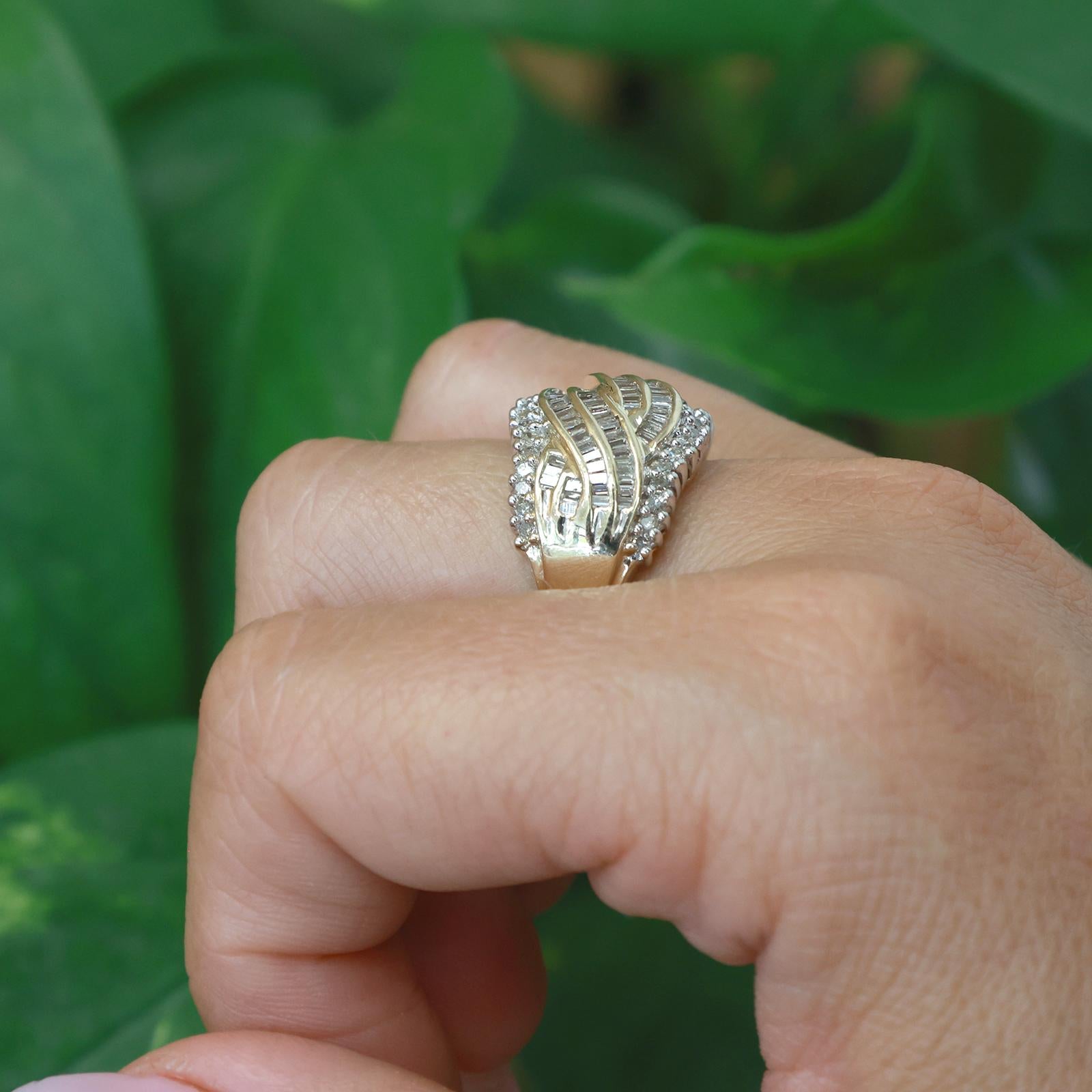 10K Two-Tone Gold 1.00CTW Round And Baguette Diamond Swirl Cluster Ring Size 7
