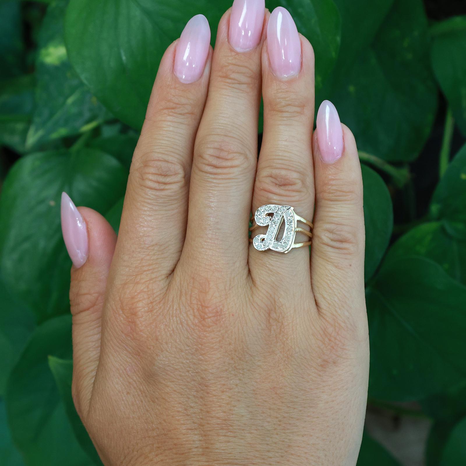 Two-Tone Gold Diamond Initial “D” Split Shank Vintage Ring 0.20ctw Size 6.25