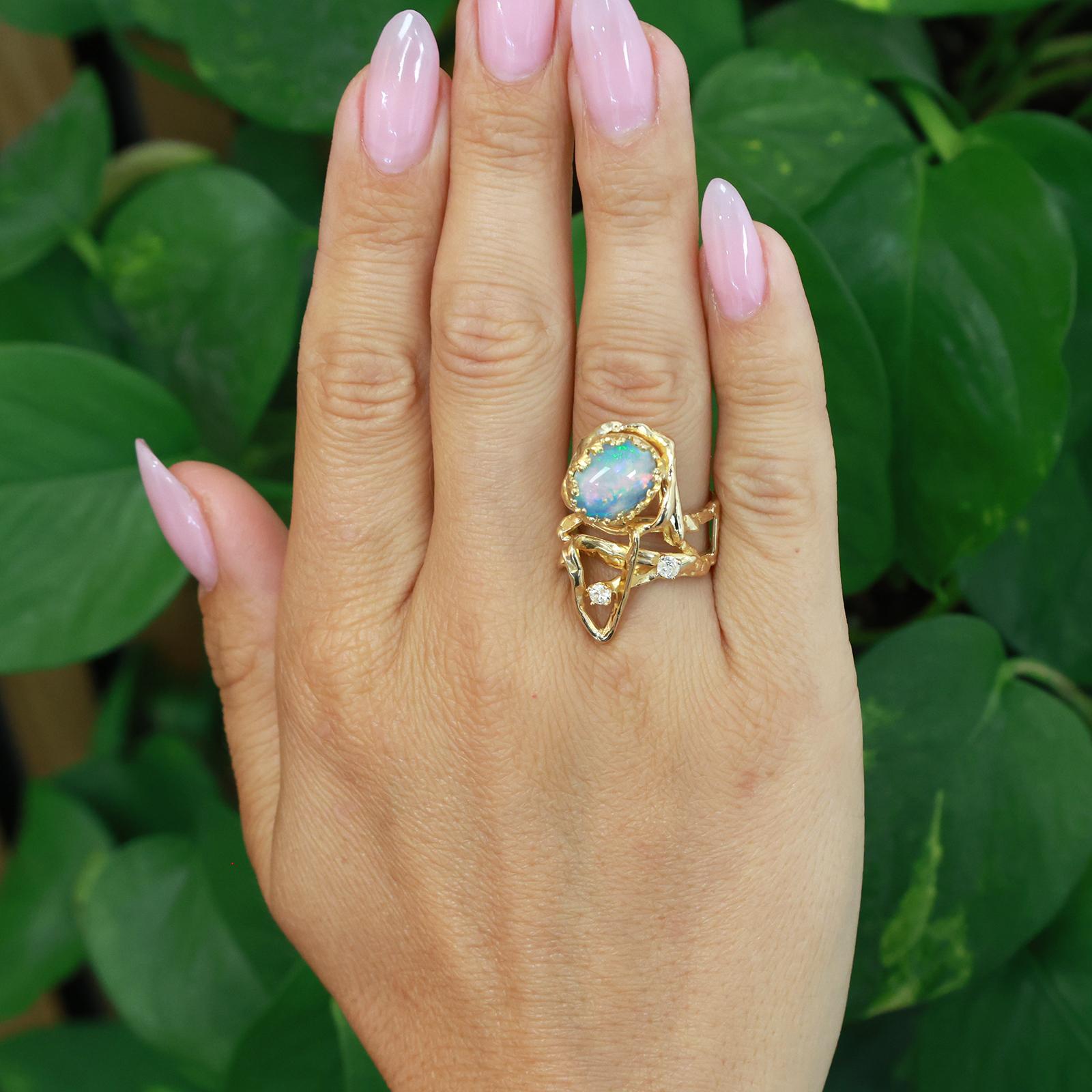 Vintage Freeform Opal Diamond Ring Yellow Gold Modernist Artisan Statement Ring