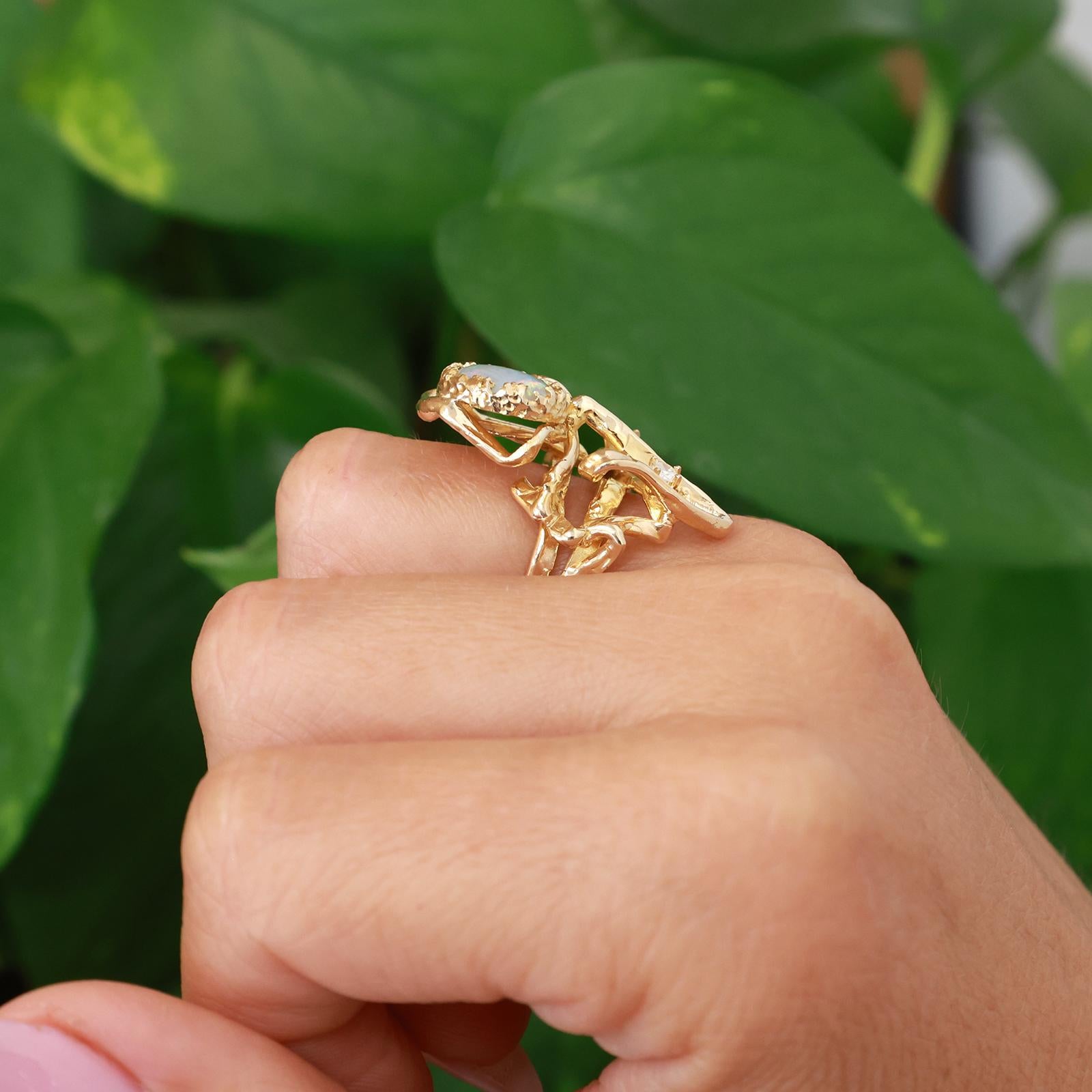 Vintage Freeform Opal Diamond Ring Yellow Gold Modernist Artisan Statement Ring