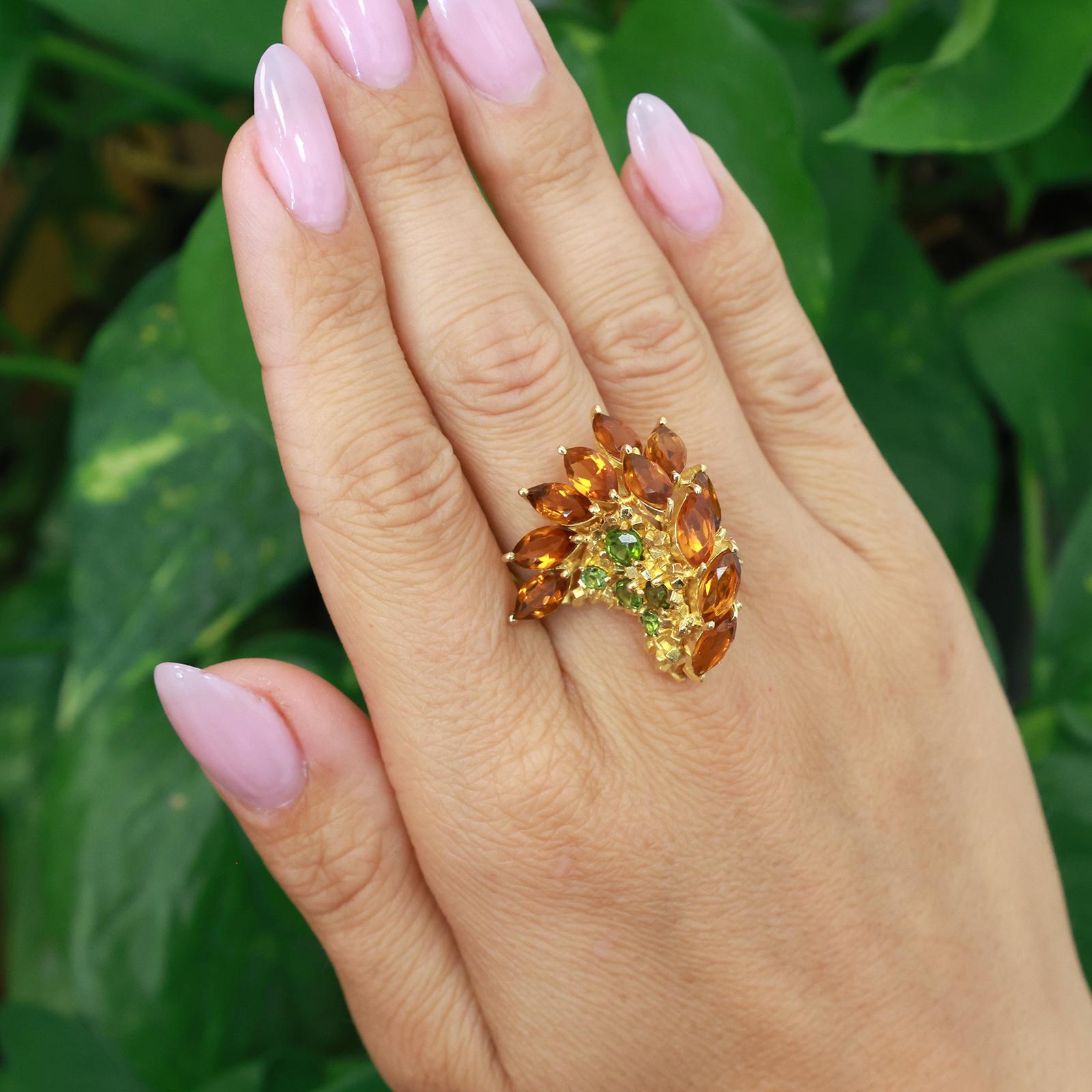 18K Yellow Gold 5.70CTW Citrine Peridot Floral Cluster Cocktail Statement Ring