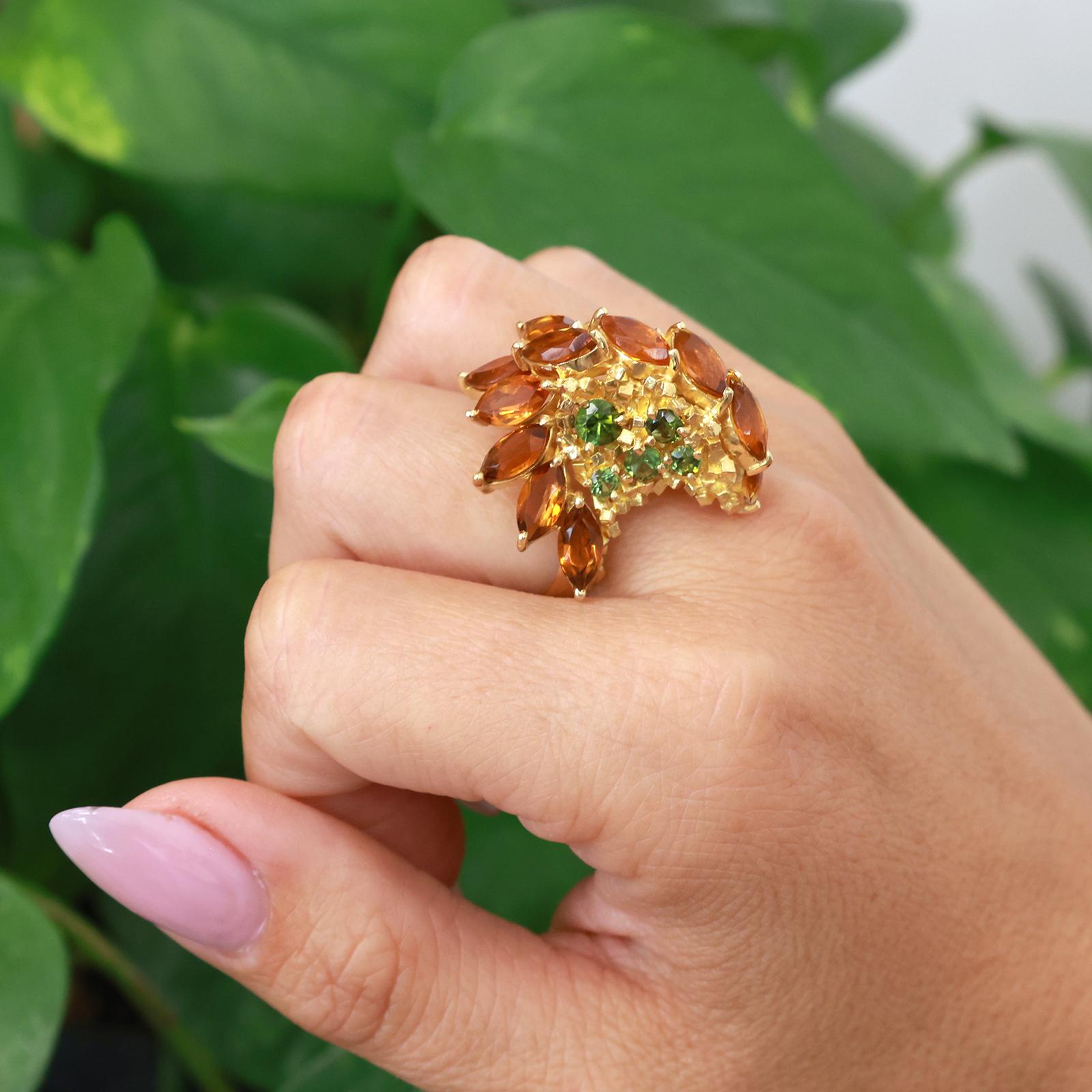 18K Yellow Gold 5.70CTW Citrine Peridot Floral Cluster Cocktail Statement Ring