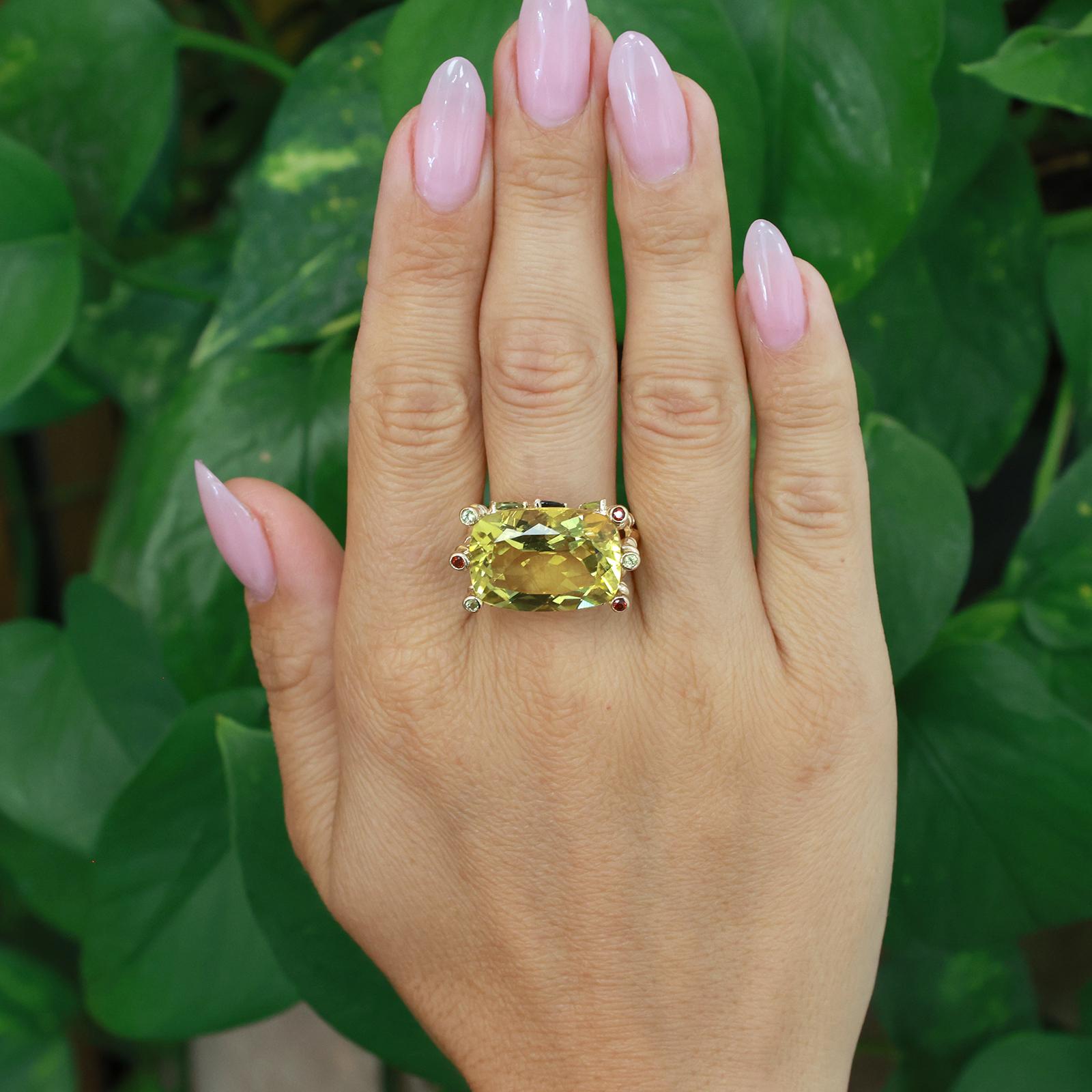 14K Yellow Gold 15.50CT Lemon Citrine Tourmaline Garnet Cocktail Ring Size 8