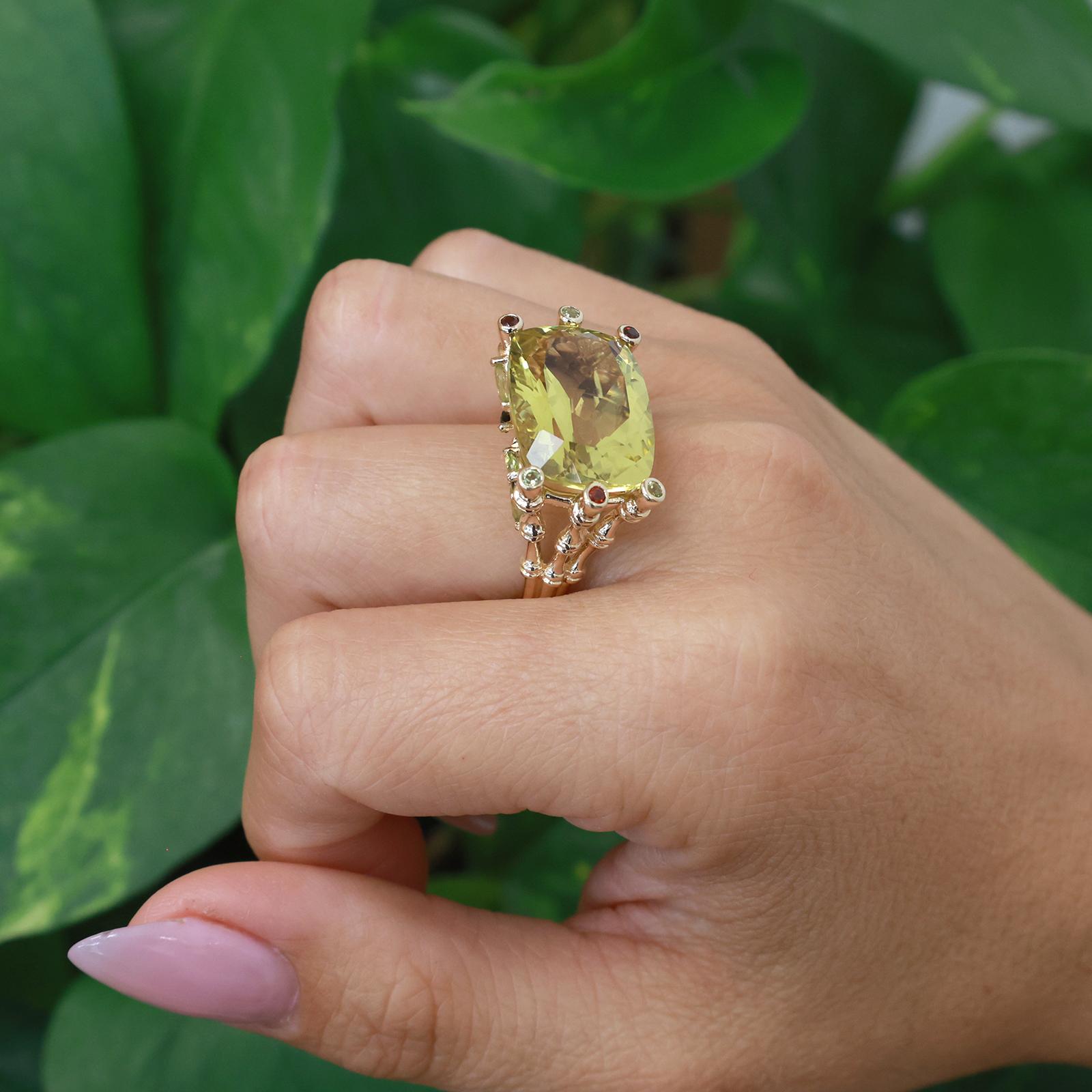 14K Yellow Gold 15.50CT Lemon Citrine Tourmaline Garnet Cocktail Ring Size 8