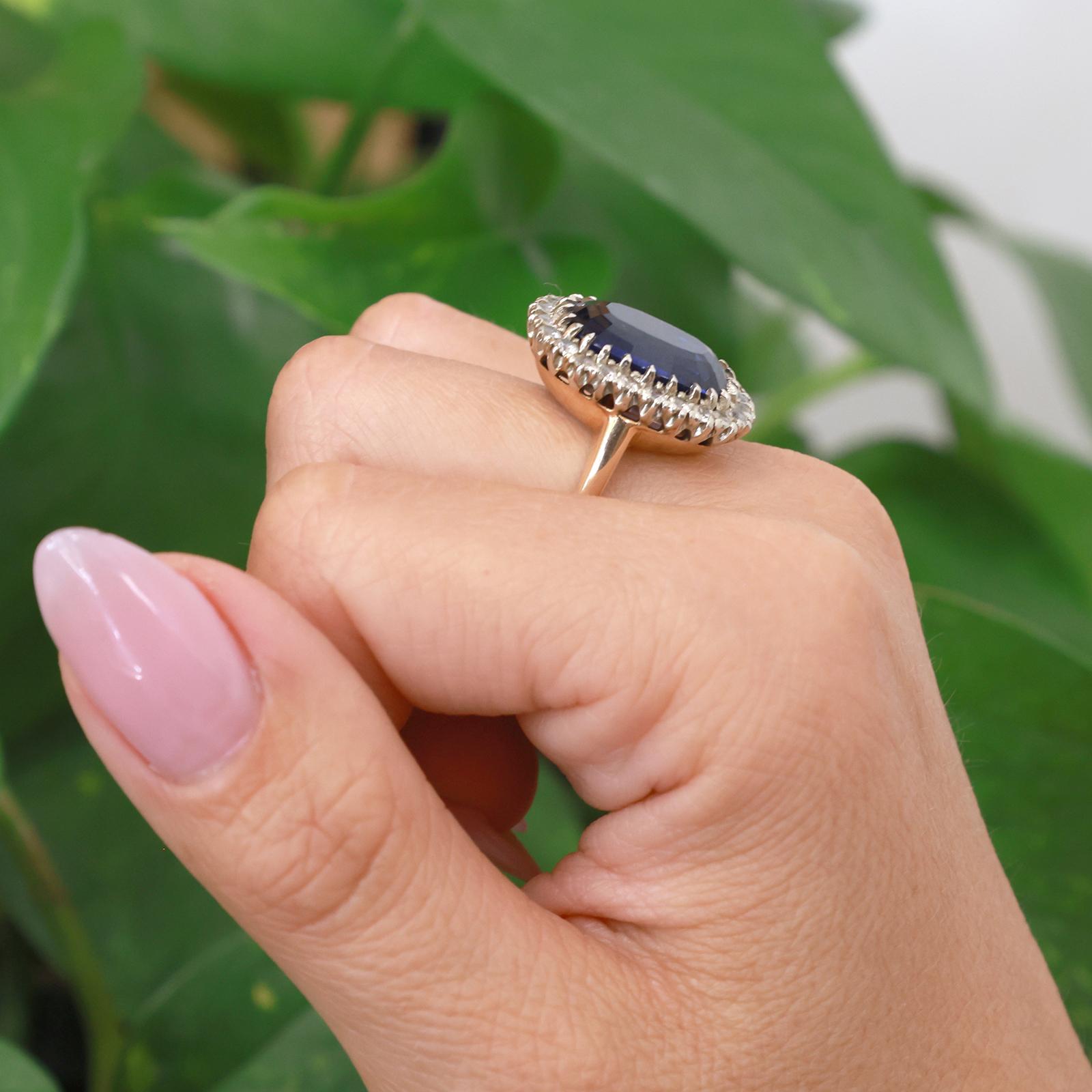 Two-Tone Gold 13.50CT Lab Grown Blue Sapphire and 1.44CT Quartz Halo Ring Sz 7.5