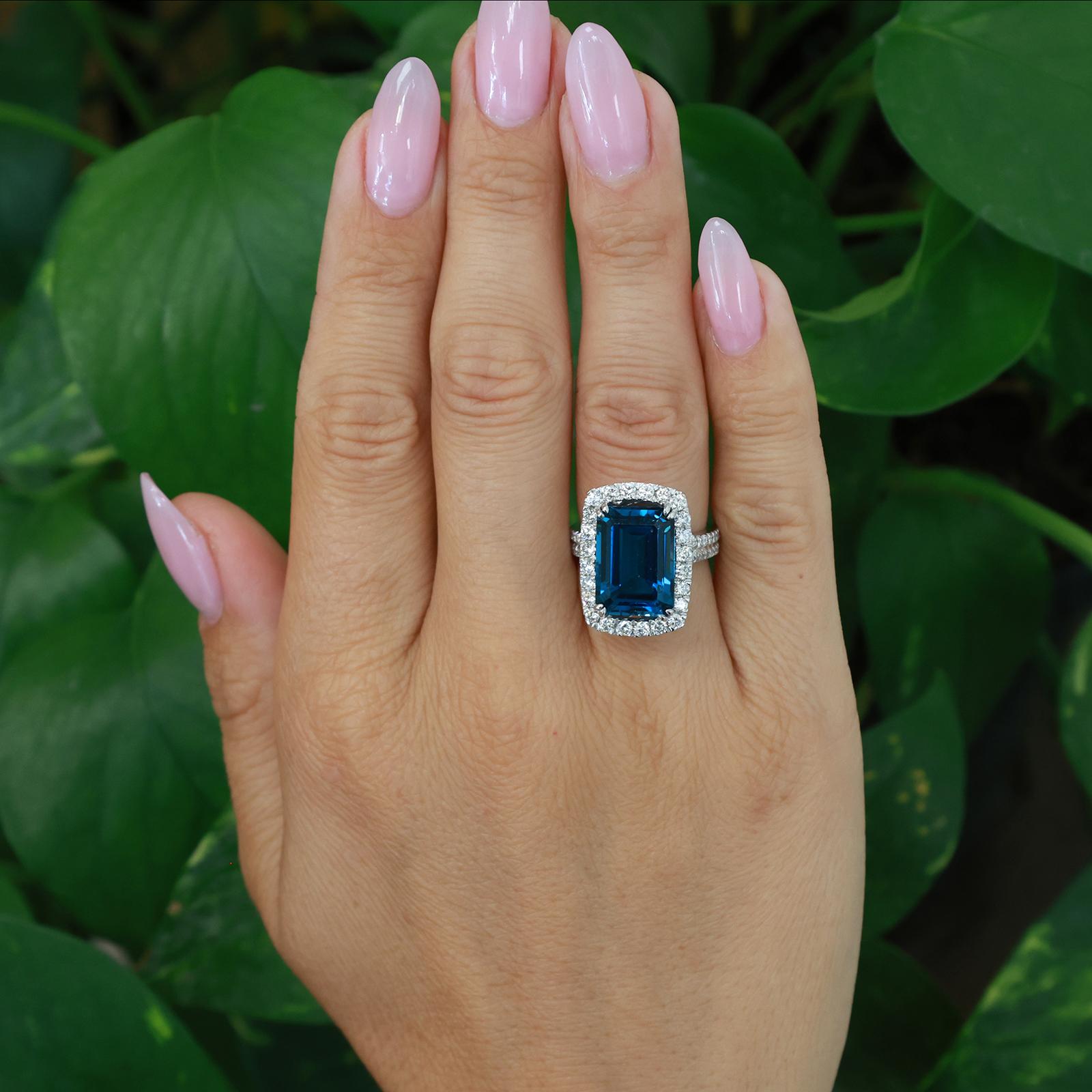 18K White Gold 8.50CT Emerald Cut Blue Topaz Diamond Halo Ring 9.55CTW SIze 5