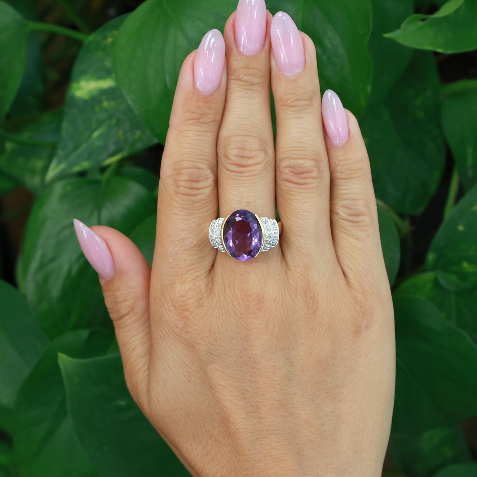 14K Two Tone Gold 8.85CTW Oval Amethyst Diamond Cocktail Statement Ring 8.75
